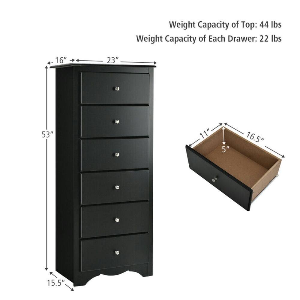 Weight Capacity of Top: 44 lbs  
Weight Capacity of Each Drawer: 22 lbs  

Dimensions:  
- Width: 16"  
- Depth: 23"  
- Height: 53"  
- Drawer Height: 11"  
- Drawer Depth: 5"  
- Drawer Width: 16.5"  
- Overall Height: 15.5"