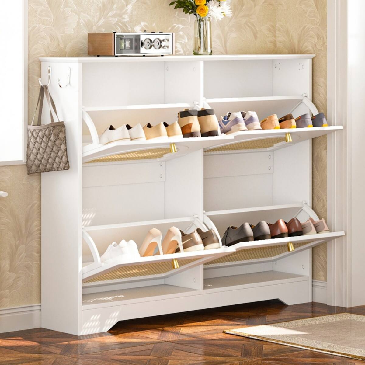 Alt View 4. HTUTWOO - Shoe Cabinet with 4 Rattan Doors & Anti-Tip Design - Entryway Freestanding Shoe Storage for Hallway, Living Room - White.