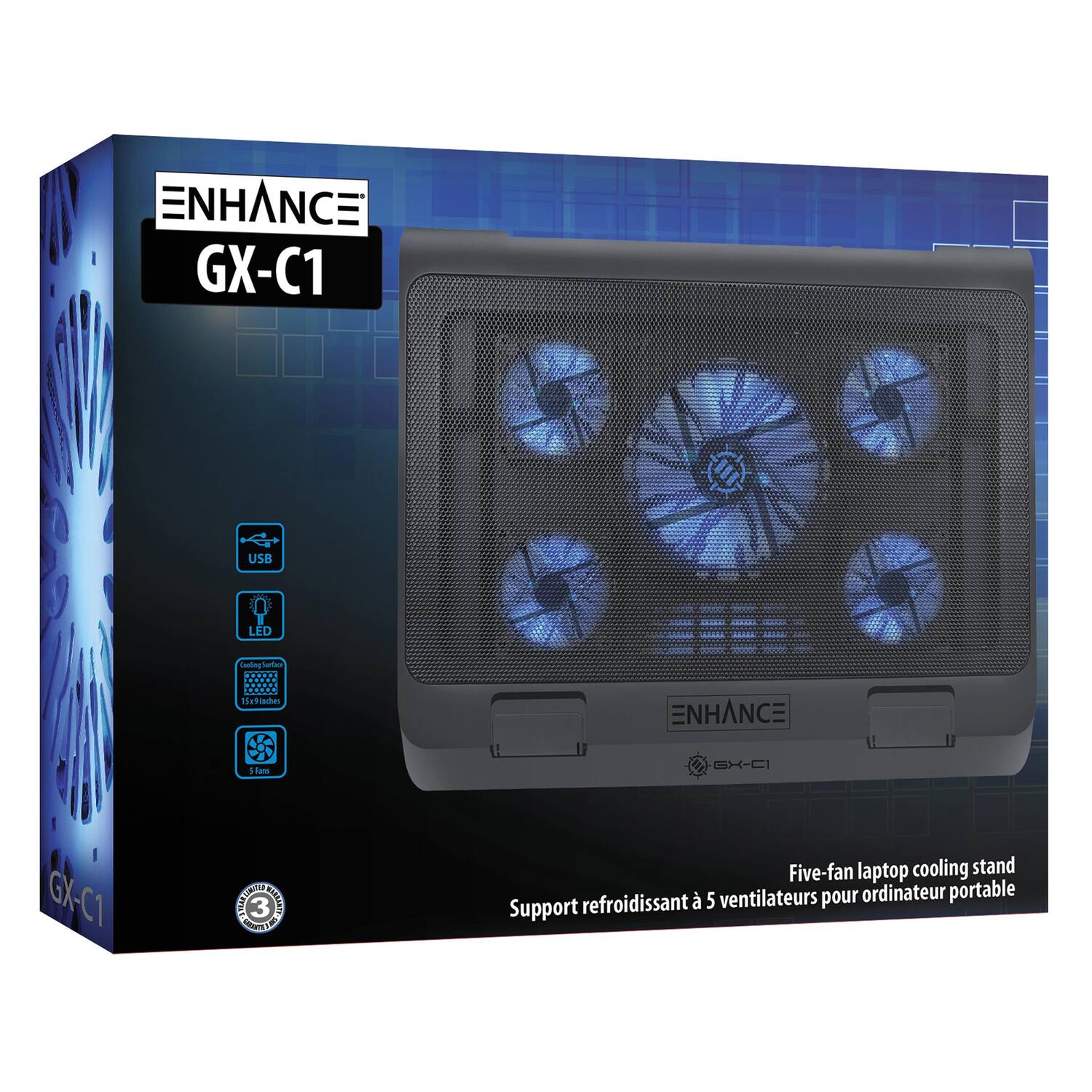 ENHANCE GX-C1 USB LED cooling stand  
Five-fan laptop cooling stand  
Support refroidissant à 5 ventilateurs pour ordinateur portable