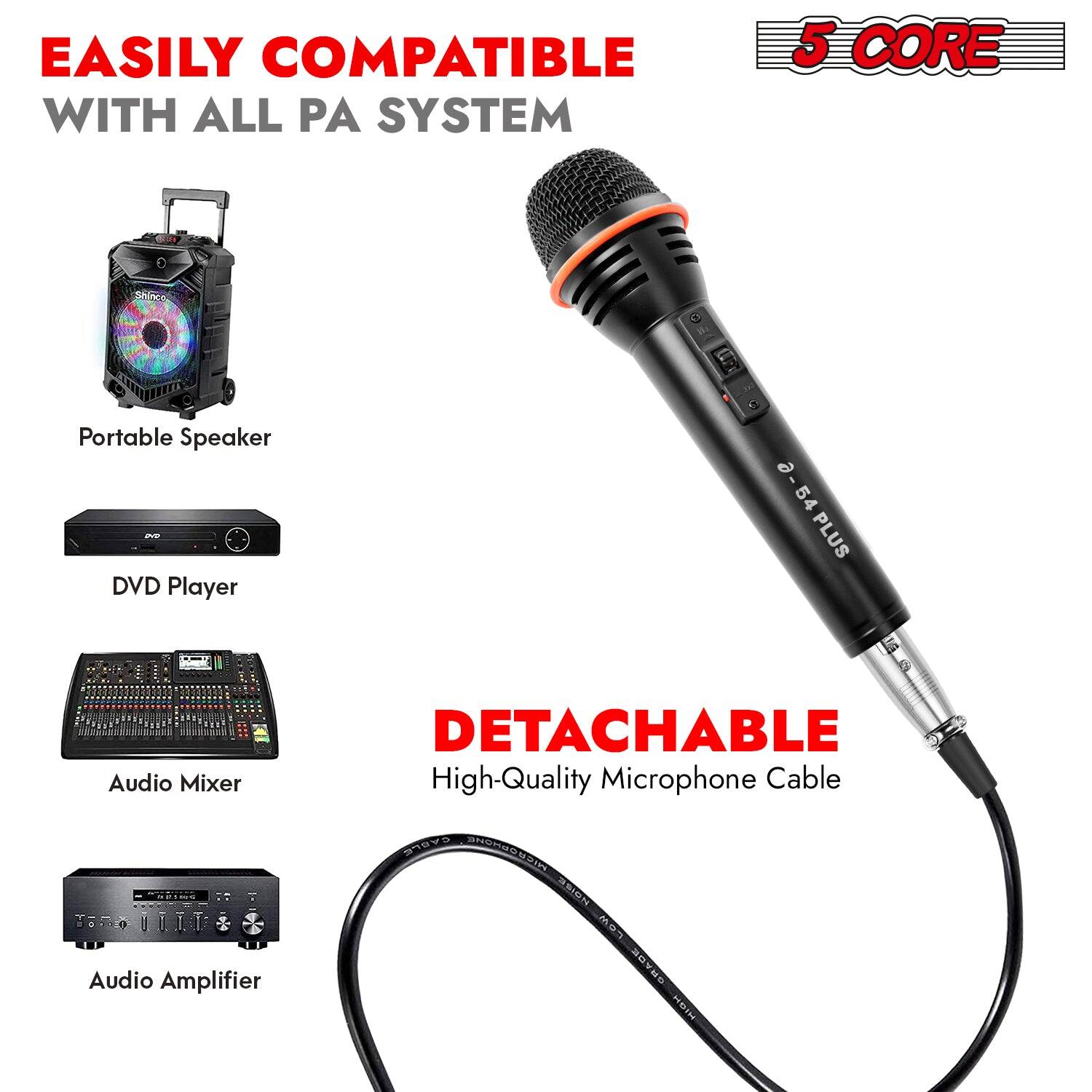 Easily compatible with all PA systems. 5-core 6.5 Portable Speaker - DVD Player. C-54, C-54 Plus. 5 Audio Mixer, Audio Amplifier. Detachable high-quality microphone cable.