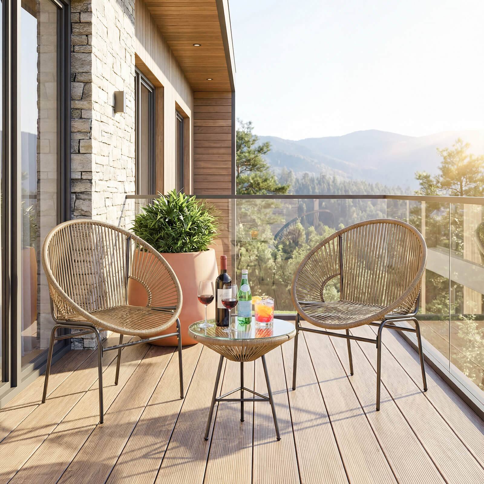 Alt View 3. Costway - Costway 3-Piece Wicker Patio Bistro Set,Outdoor Acapulco Chairs and Tempered Glass Table - Beige + Black.