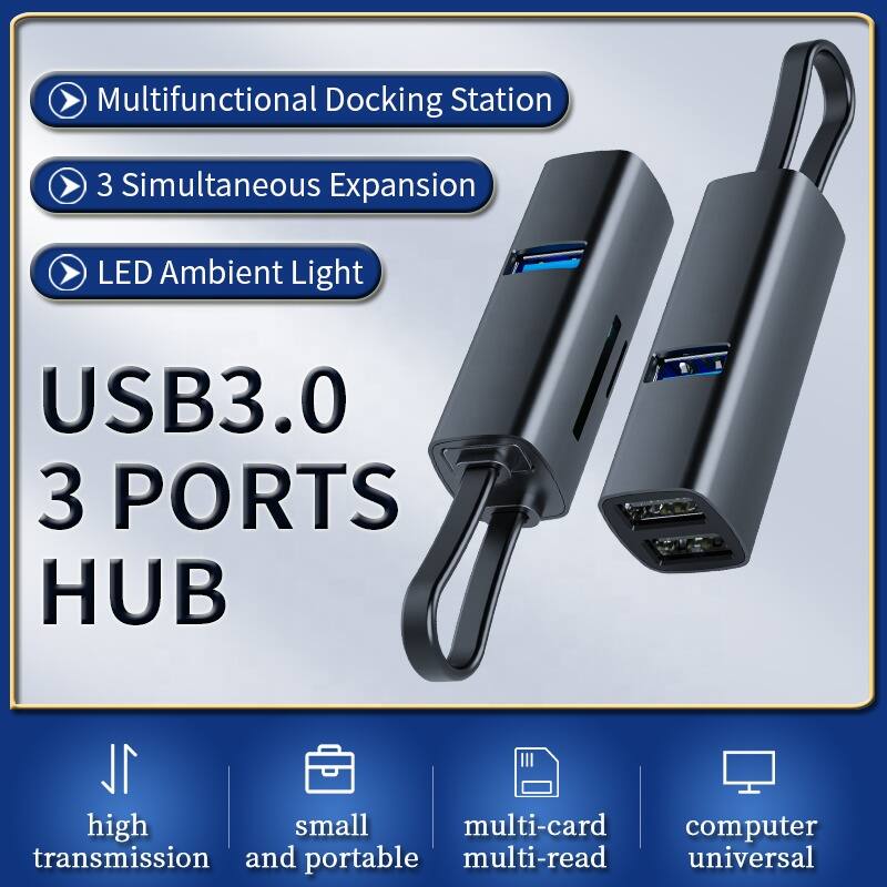 Multifunctional Docking Station  
3 Simultaneous Expansion  
LED Ambient Light  

USB3.0  
3 PORTS HUB  

- high transmission  
- small and portable  
- multi-card multi-read  
- computer universal