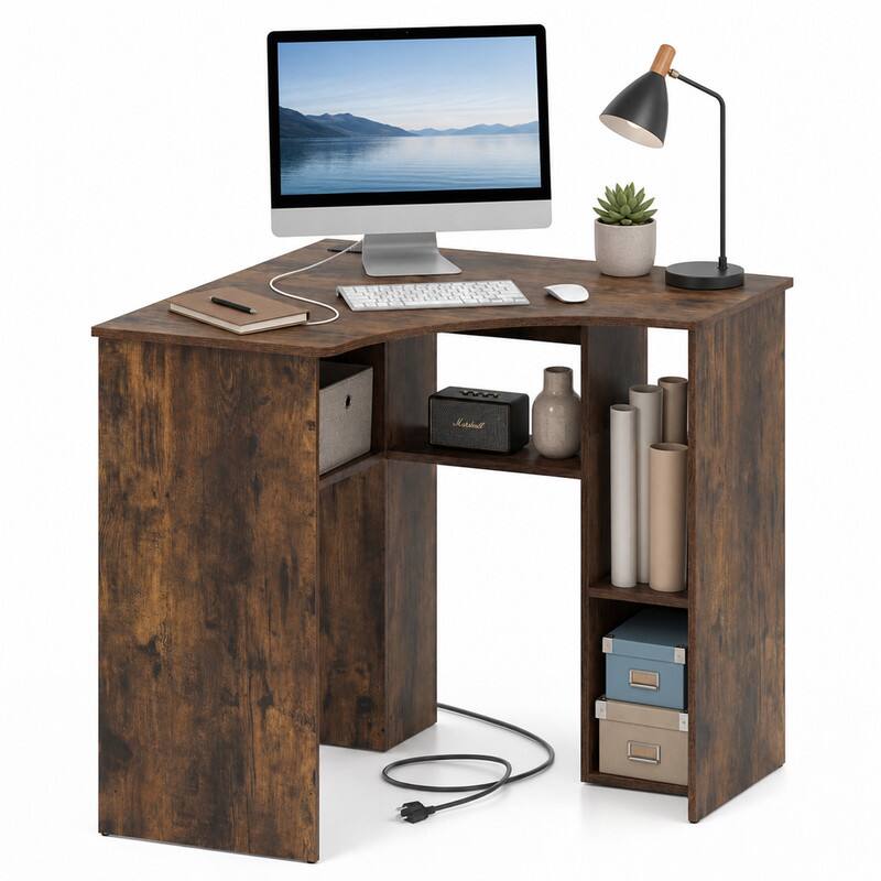 Left. WELLFOR - 32" Corner Computer Desk for Small Space, Triangle Writing Workstation with Charging Station & Storage Shelf - Rustic Brown.