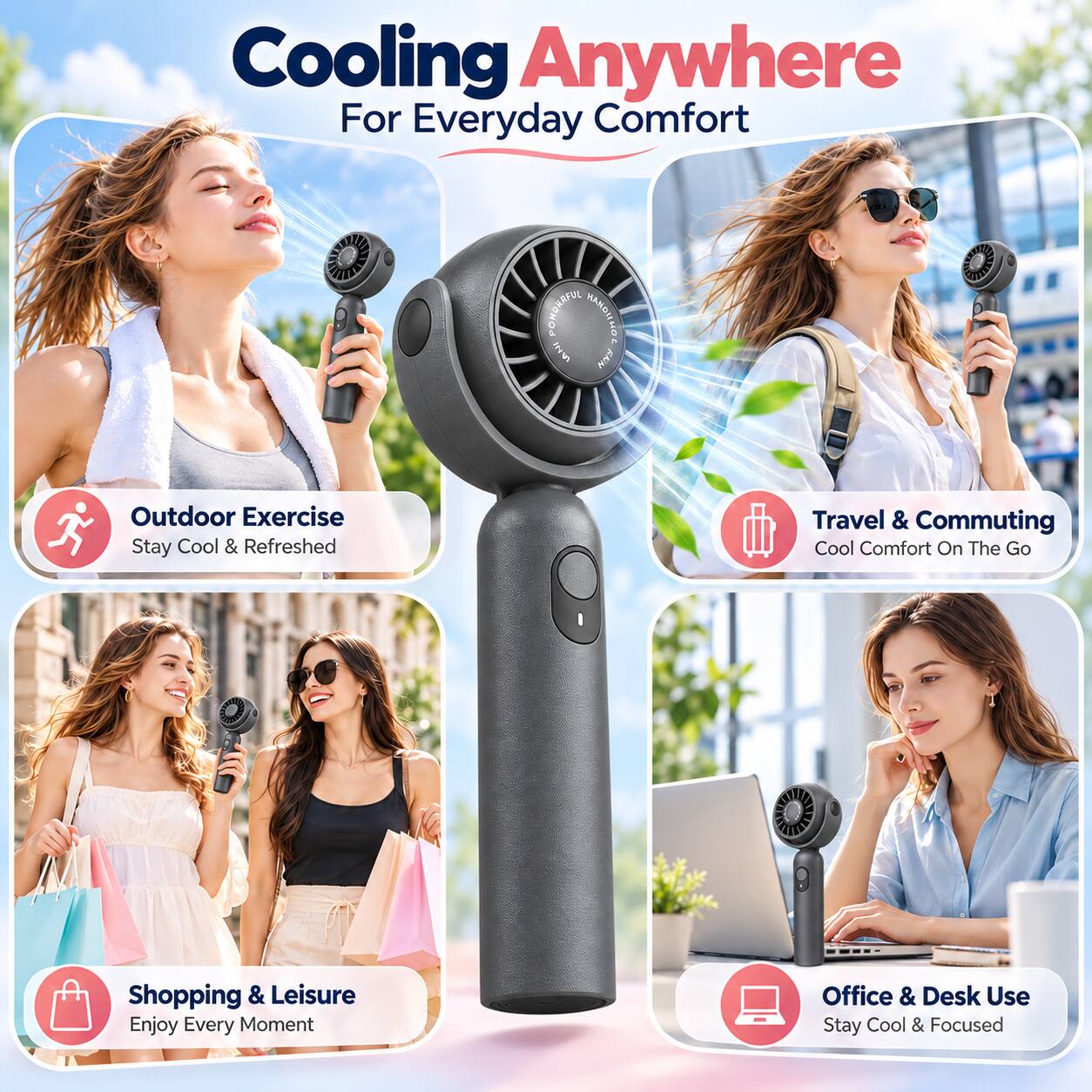 Cooling Anywhere For Everyday Comfort

Outdoor Exercise Stay Cool & Refreshed

Travel & Commuting Cool Comfort On The Go

Shopping & Leisure Enjoy Every Moment

Office & Desk Use Stay Cool & Focused