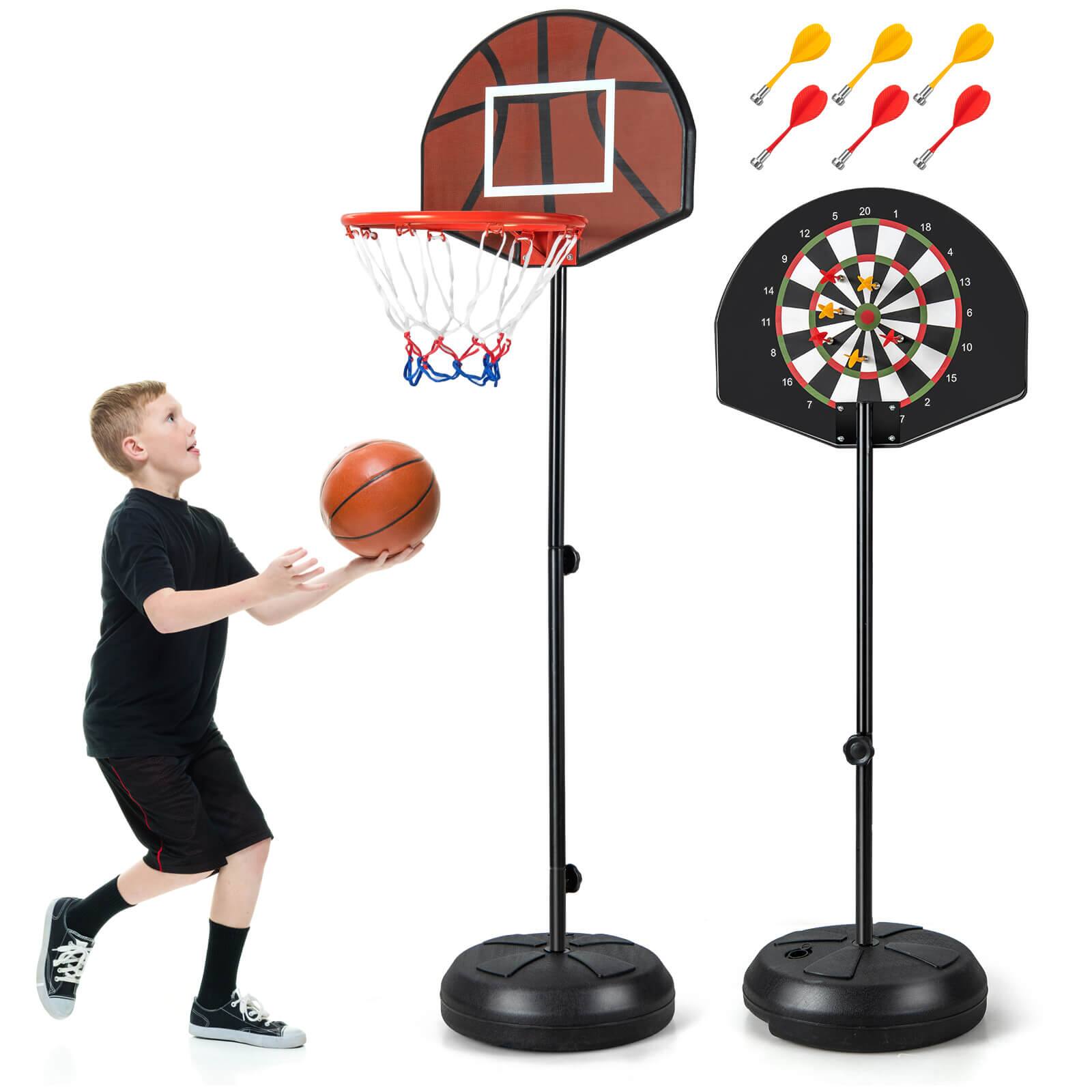 Front. Costway - Costway 2-in-1 Kids Basketball Hoop with Dart Board Double-sided Backboard & 6 Darts - Black.