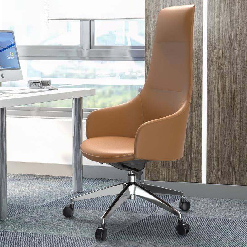 Angle. LeisureMod - Celeste High-Back Office Chair in Upholstered Leather with Iron Frame Swivel and Tilt for Desk, Study and Home Office - Acorn Brown.