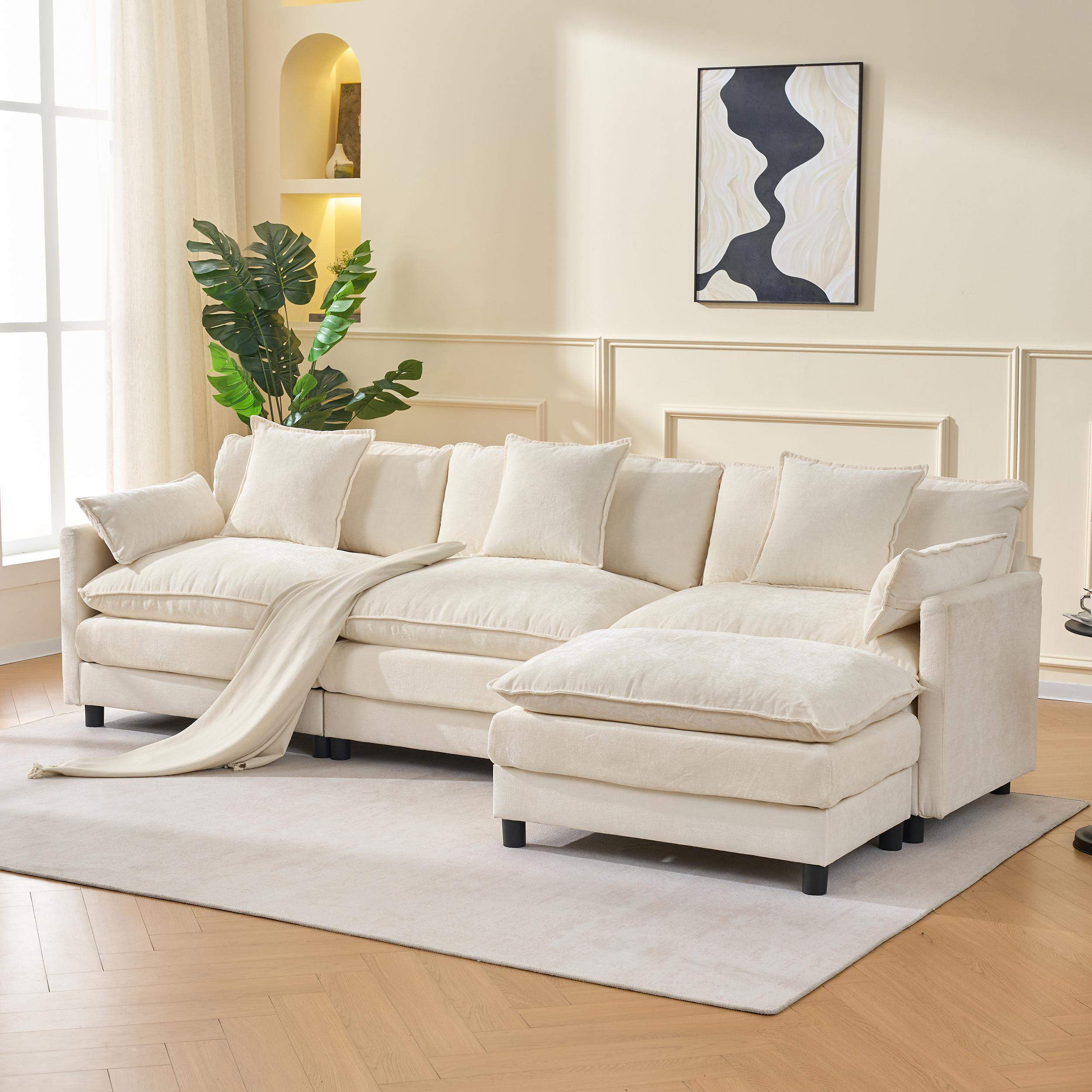 Back. Roomtec - 108 inch L Shaped Modern Sofa Modular Sectional Cloud Couch with Ottoman 4Seat Chenille Deep Seat Sofa with Pillow for - Beige.