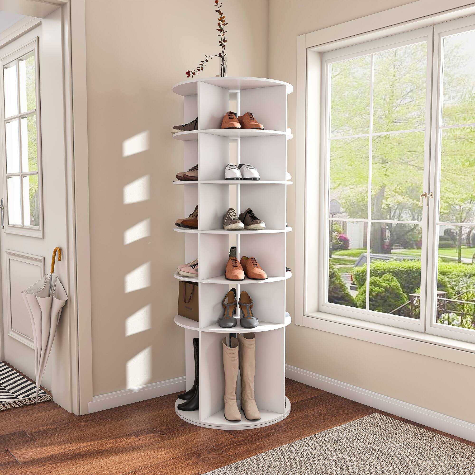 Front. Z-Edge - 6 Tier Rotating Shoe Rack Tower, Spinning Shoe Display Lazy Susan, Revolving 360 Shoe Rack Storage Round Carousel - White.