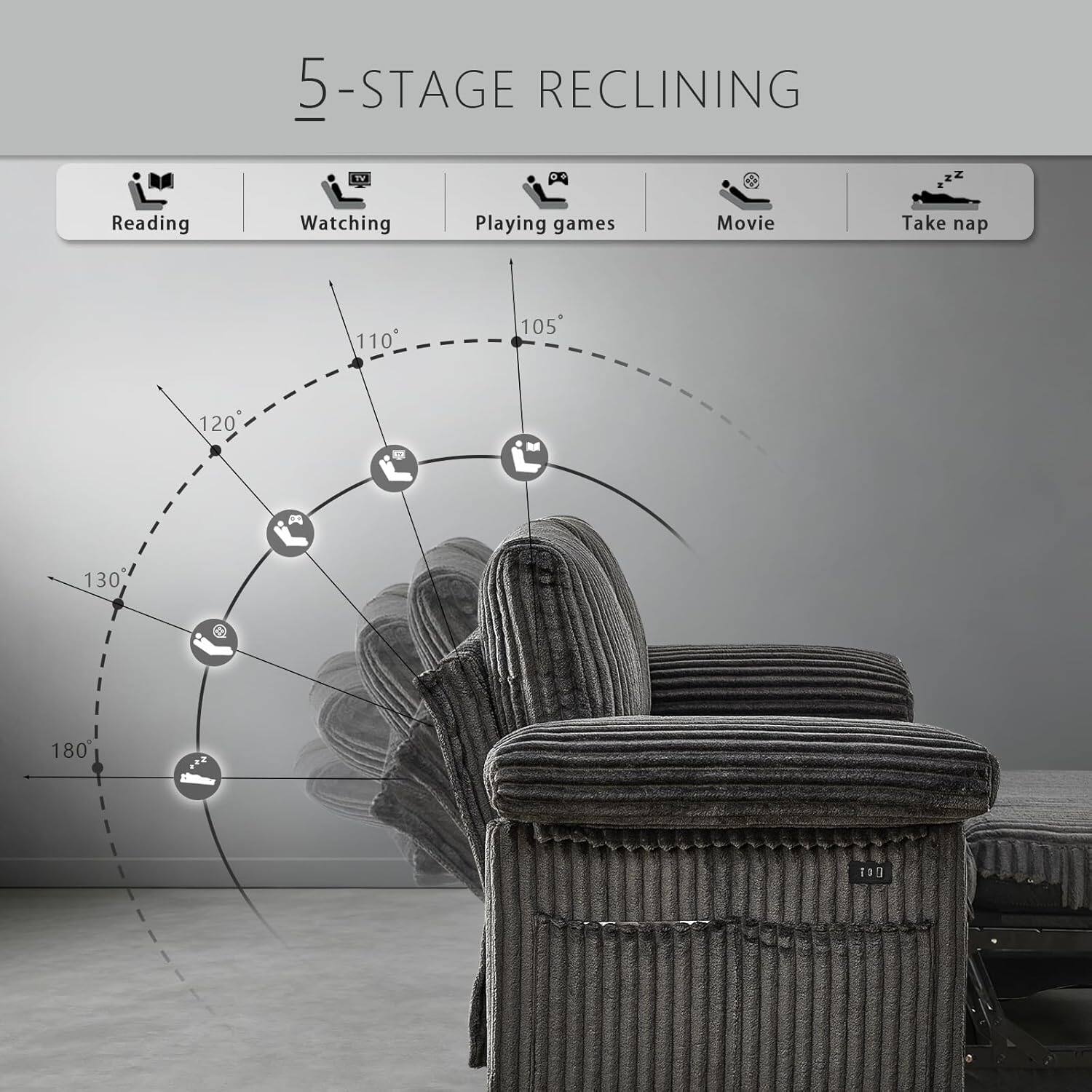 5-Stage Reclining  
Reading: 120°  
Watching: 110°  
Playing games: 105°  
Movie: 130°  
Take nap: 180°