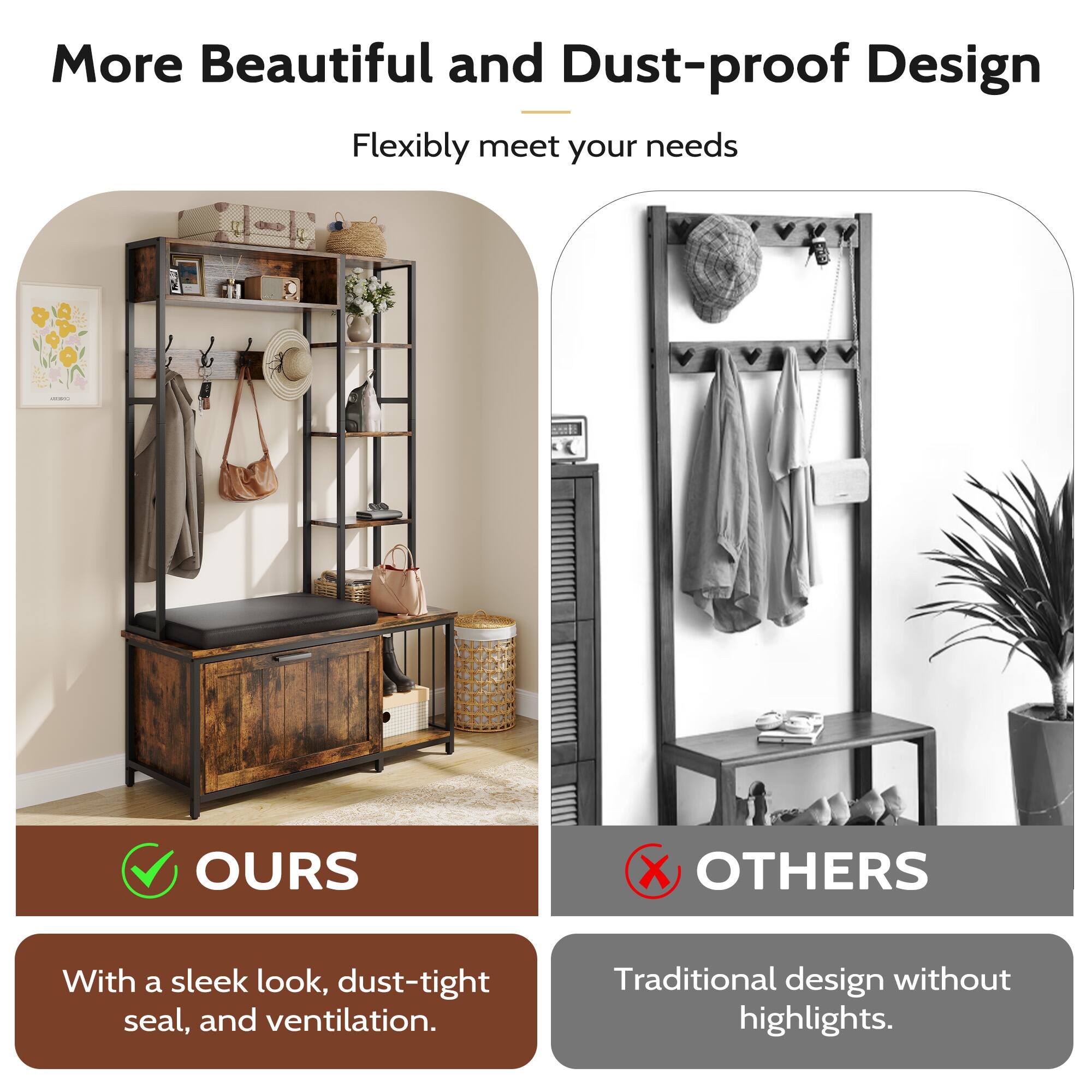 More Beautiful and Dust-proof Design  
Flexibly meet your needs  

OURS  
With a sleek look, dust-tight seal, and ventilation.  

OTHERS  
Traditional design without highlights.