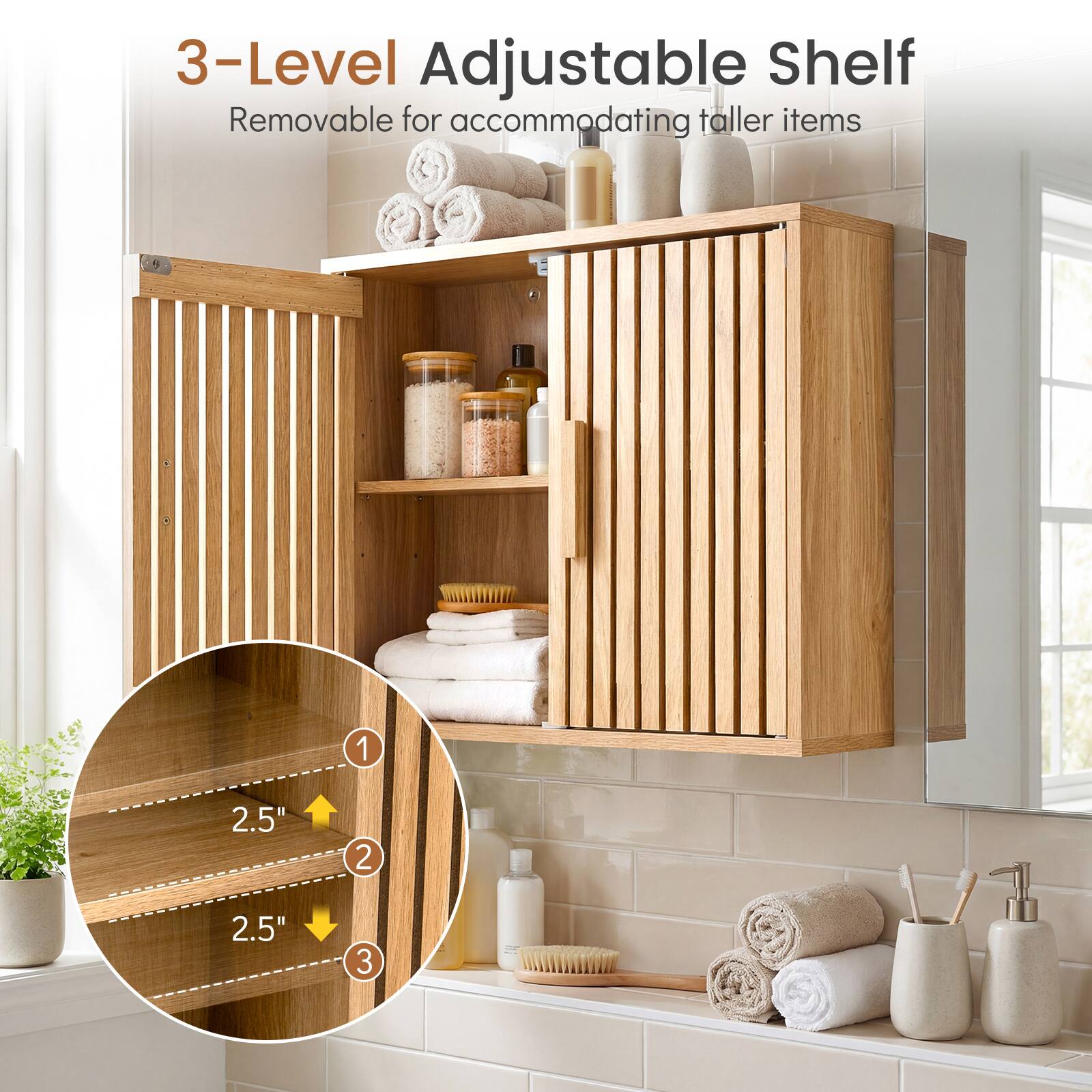 3-Level Adjustable Shelf  
Removable for accommodating taller items  

1. 2.5"  
2. 2.5"  
3. 2.5"