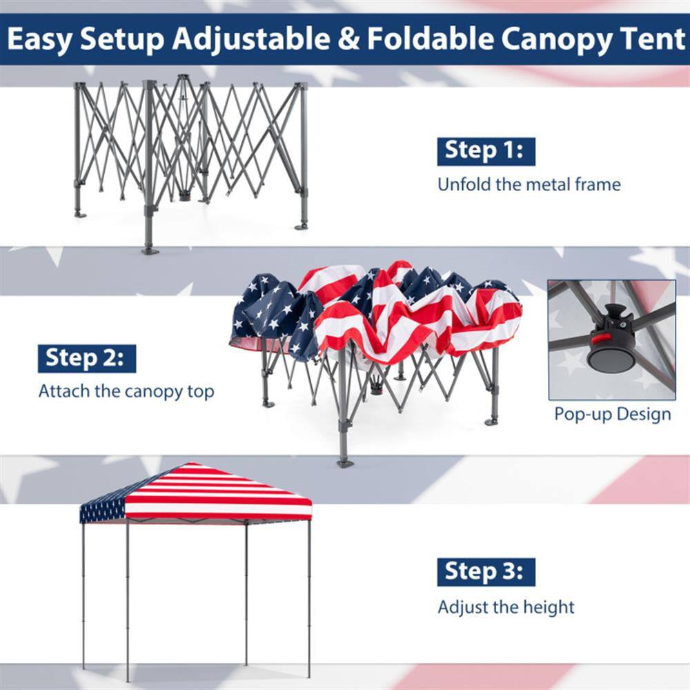 Easy Setup Adjustable & Foldable Canopy Tent

Step 1: Unfold the metal frame

Step 2: Attach the canopy top

Step 3: Adjust the height

Pop-up Design
