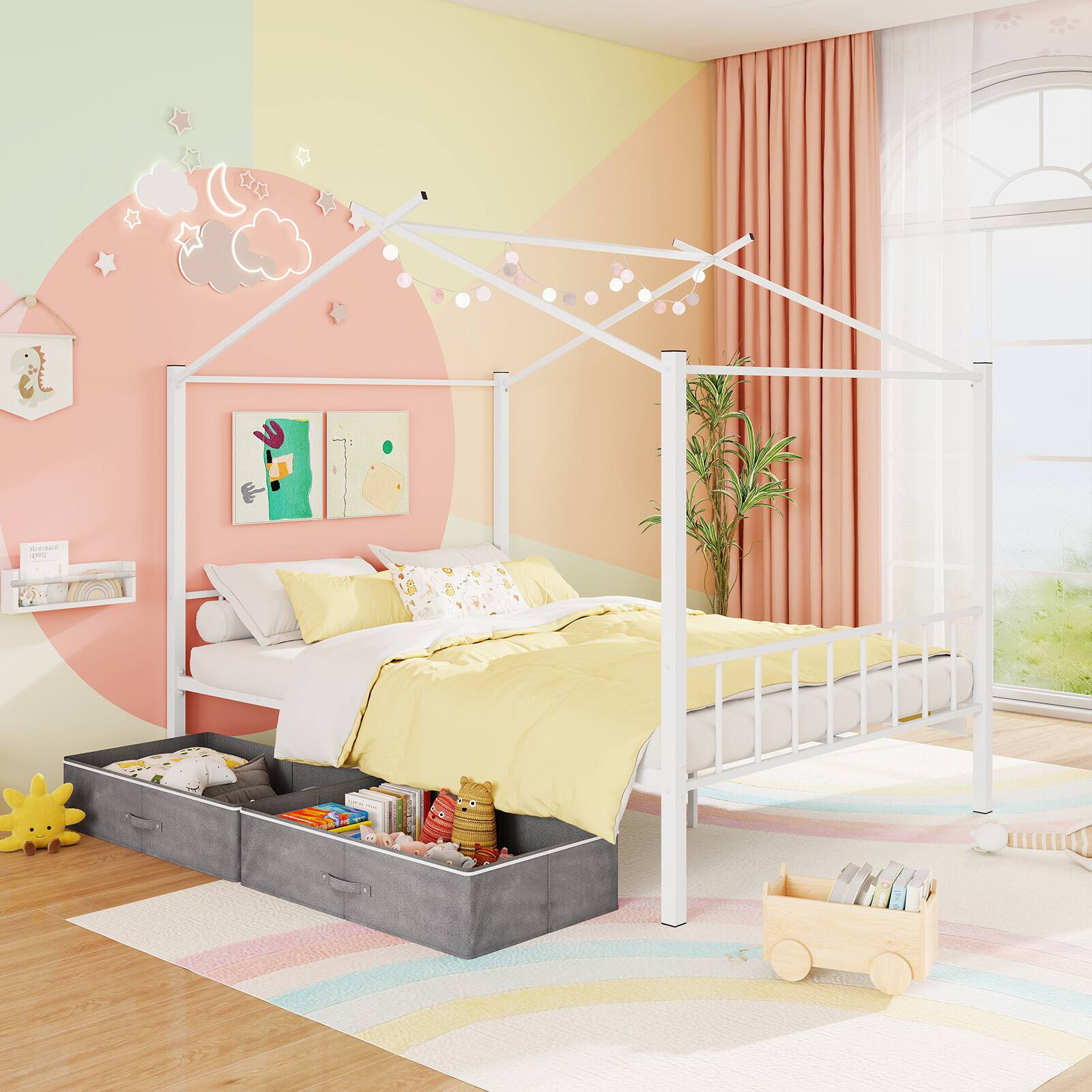 Alt View 1. Gymax - Gymax Full Size Metal House Bed w/ 2 Fabric Drawers Heavy-Duty Platform Bed White - White.