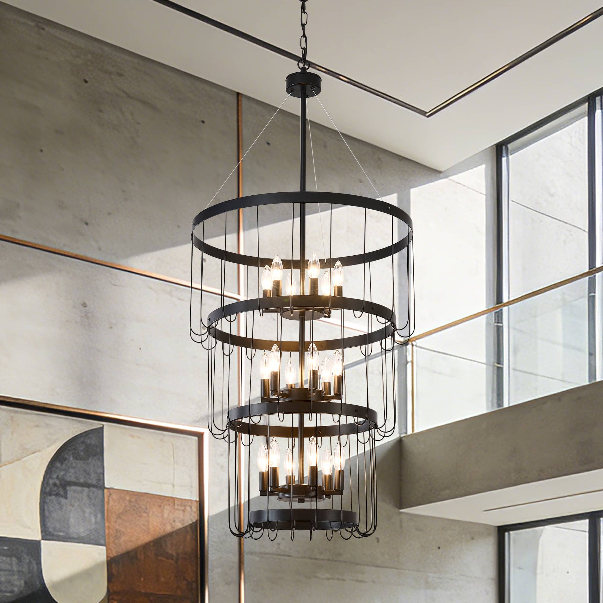 RYHNUYNE - 24" Black Farmhouse Chandelier,18 Light Lantern Tiered Pendant Light Fixtures for Entryway,Large Chandeliers