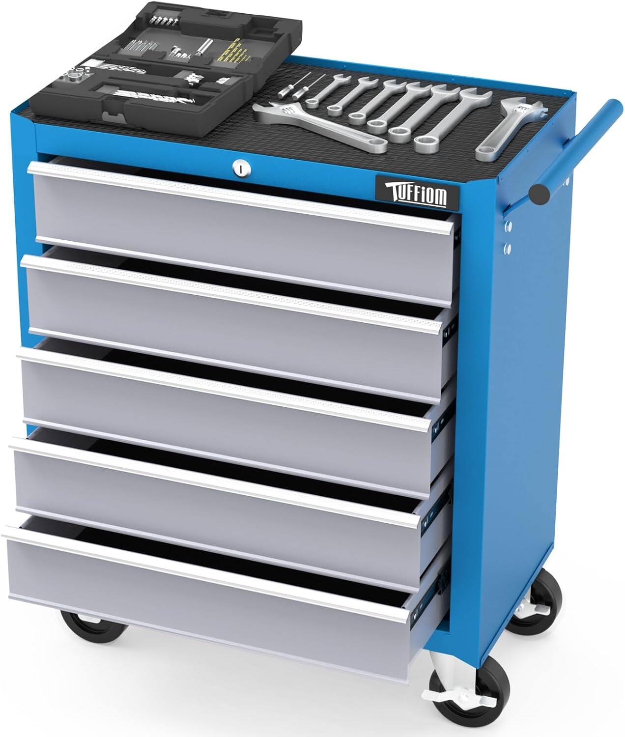 Front. Winado - 5-Drawer Rolling Tool Chest Tool Cart with Drawers & Lock, Lockable Tool Storage Cabinet - Blue & Grey.