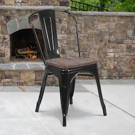 Emma + Oliver - Colorful Metal Stackable Dining Chair with Wood Seat - Black