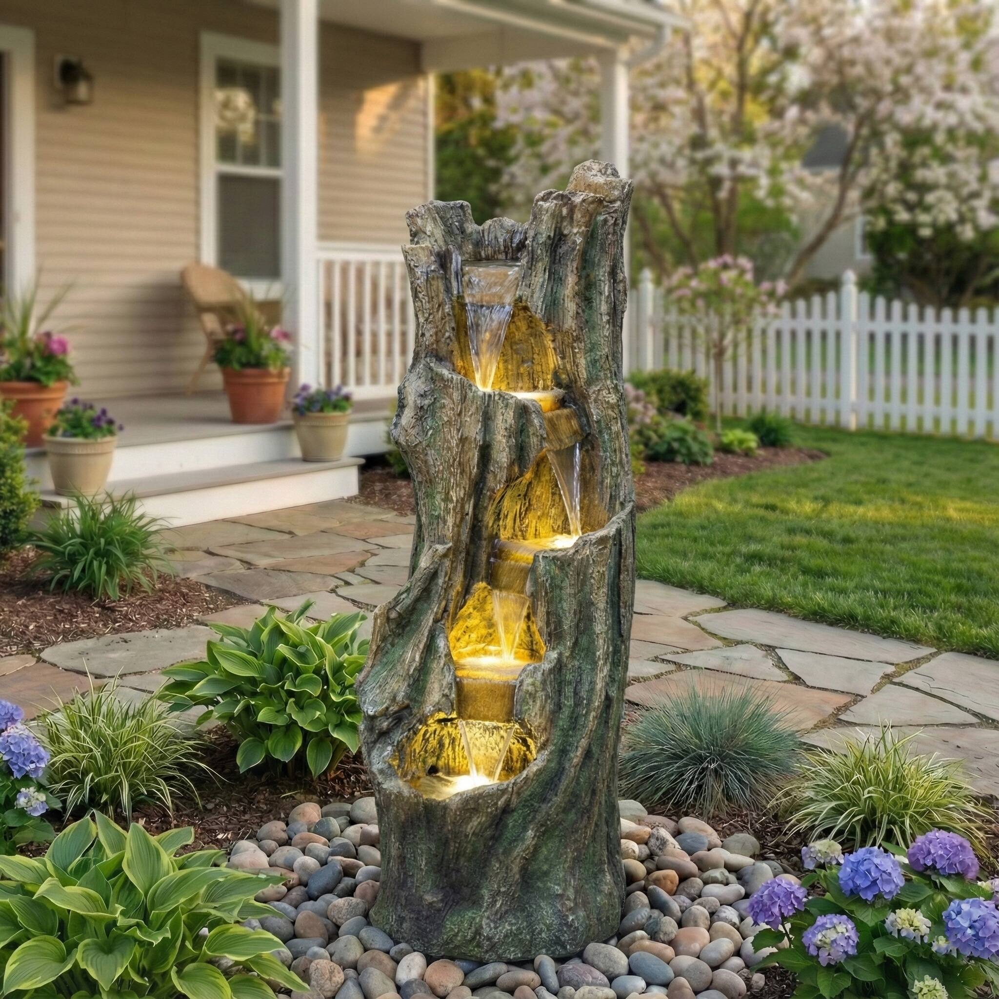 Left. Anysun - Waterfall Fountain for Outdoor Gardens and Patio Backyards – Includes Energy-Efficient LED Lights, Easy Setup - Grey.