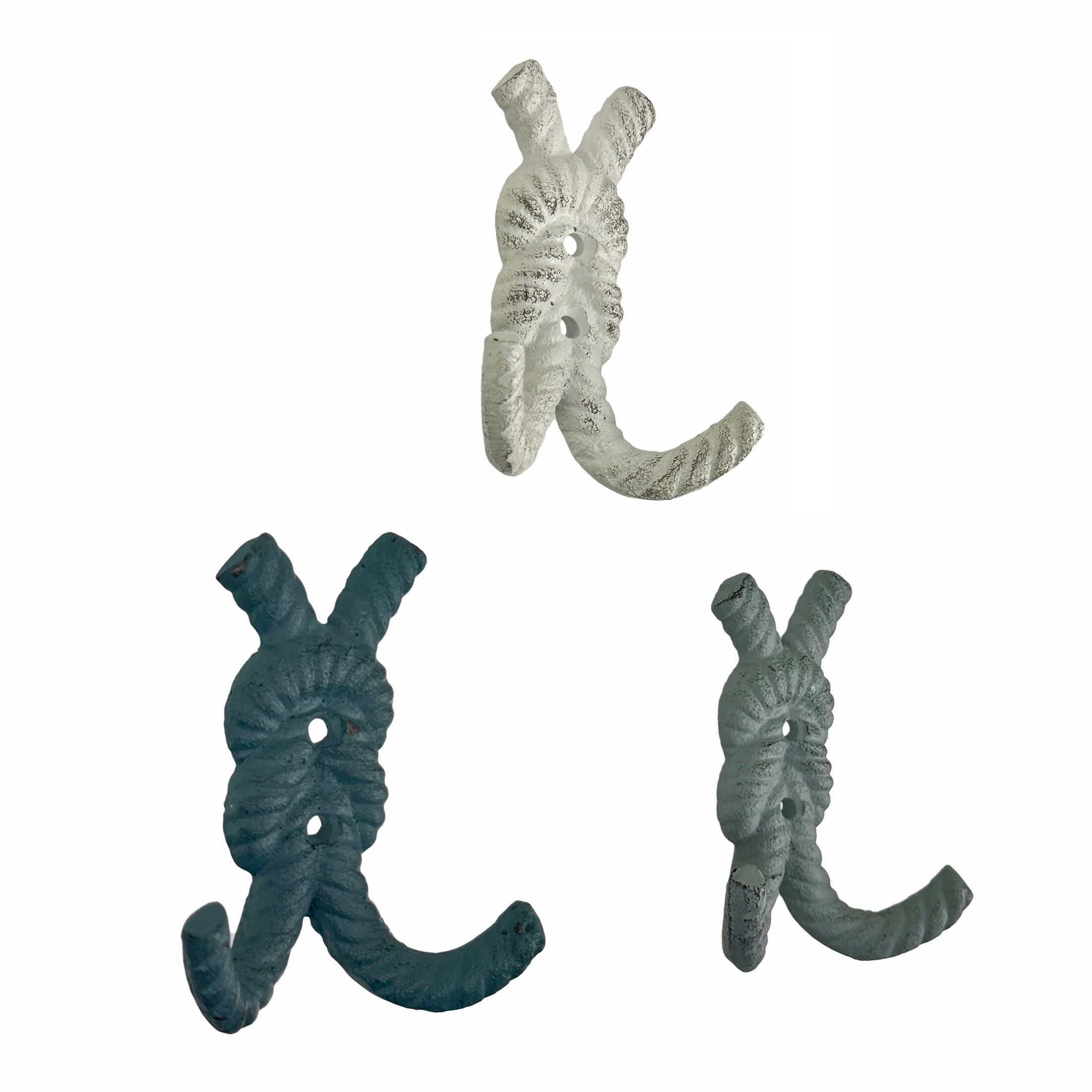 Alt View 1. Zeckos - Set of 3 Cast Iron Rope Knot Wall Hooks Nautical Coastal Beach Decor 4 inch - Multicolored.