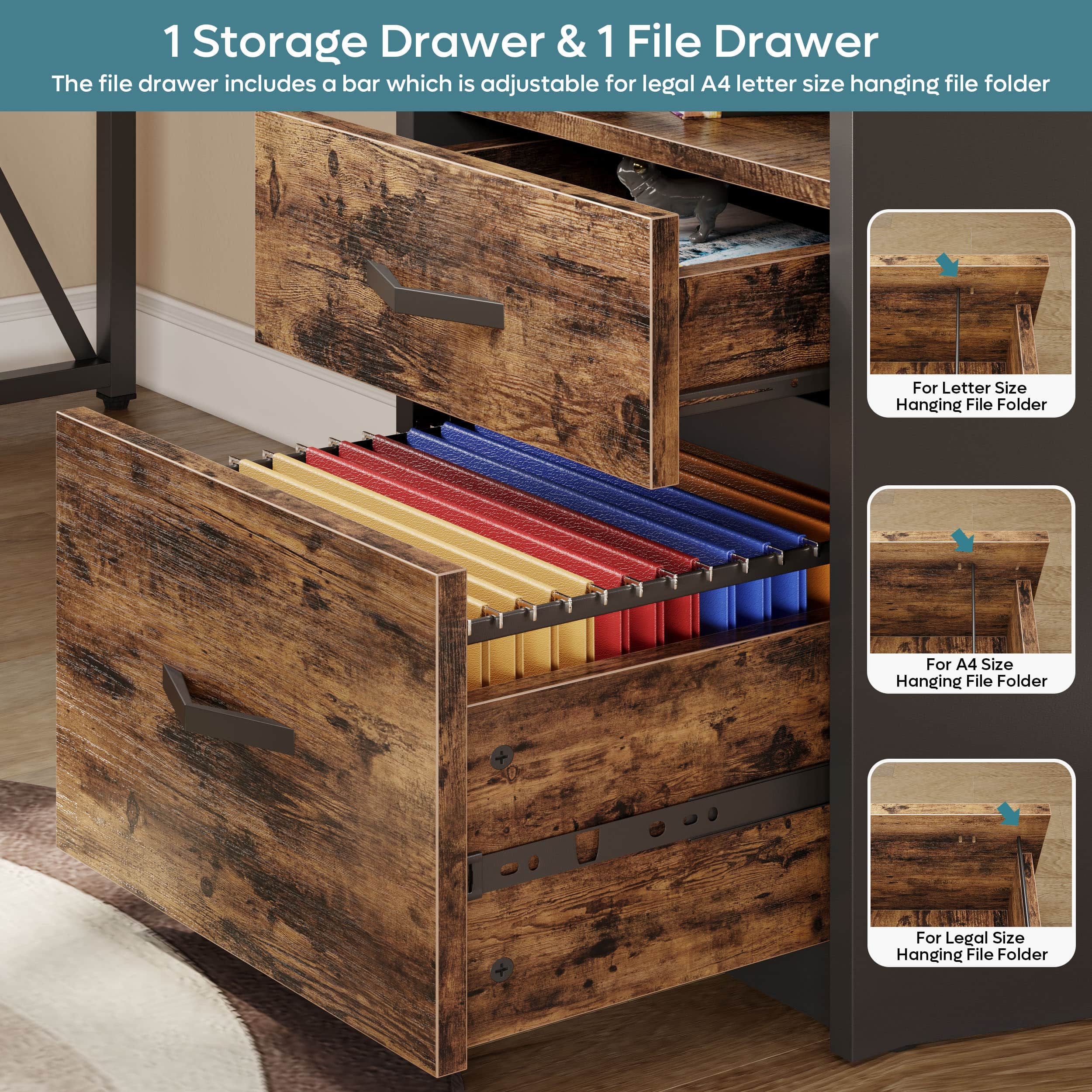 The image features a wooden desk organizer with a drawer and a file drawer. The file drawer includes an adjustable bar that is suitable for legal A4 letter size hanging file folders. The drawer is designed to hold letter size hanging file folders, making it a practical and functional storage solution for office or home use.