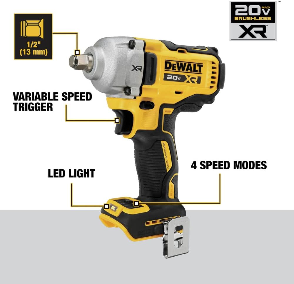 1/2" (13 mm) VARIABLE SPEED TRIGGER  
DEWALT 20v XR  
MAX- 20 V BRUSHLESS  
LED LIGHT  
4 SPEED MODES