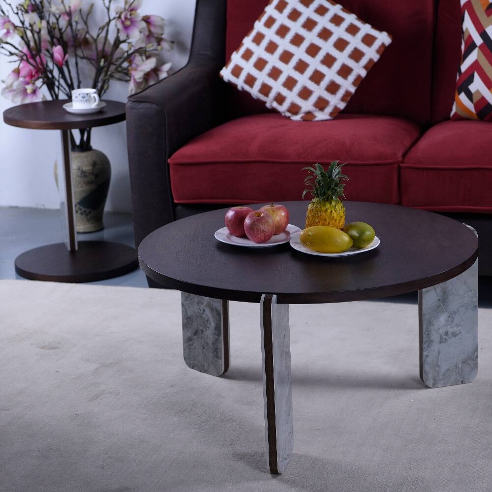 Alt View 2. Loheer - Loheer Modern Coffee Table Set Walnut Veneer Round Center Table with End Table Sintered Stone Legs Living Room - Walnut.