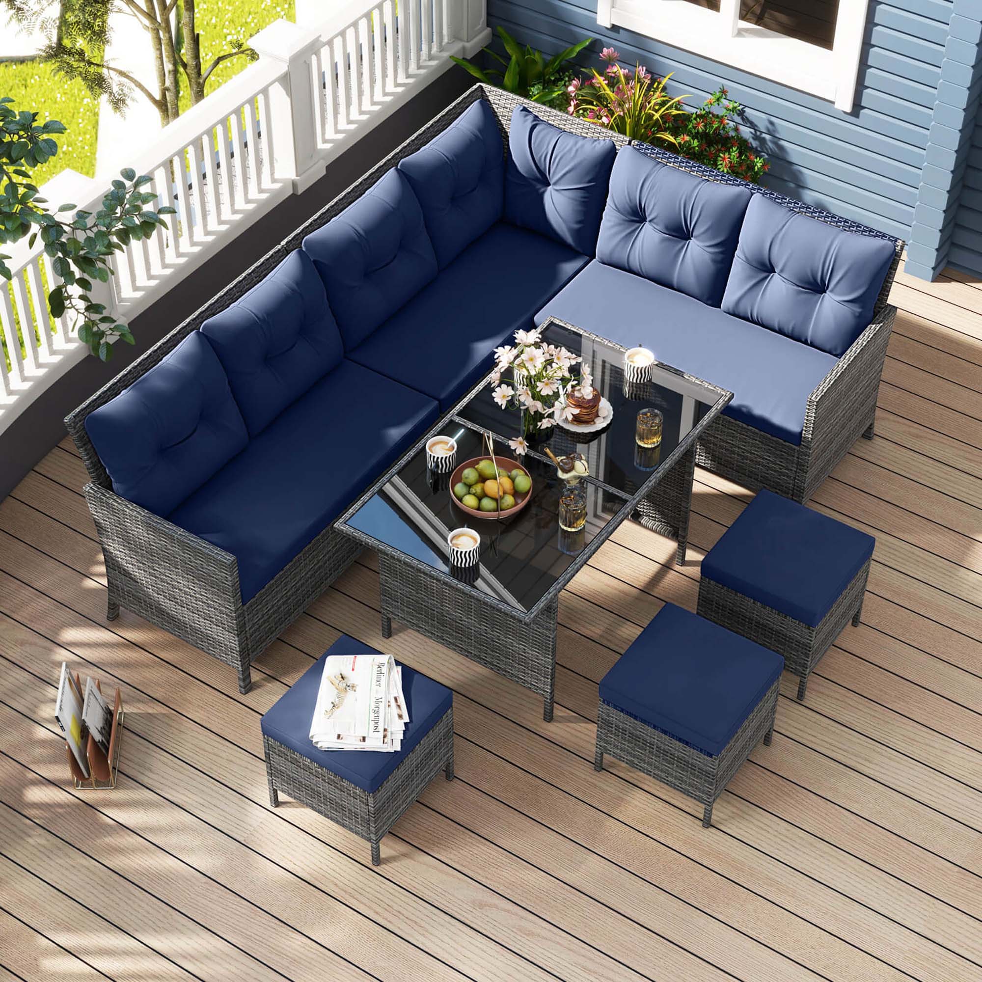 Alt View 3. Costway - 7 PCS Patio Dining Furniture Set PE Rattan Sectional Sofa Set with Soft Cushions - Mix Gray,Navy.