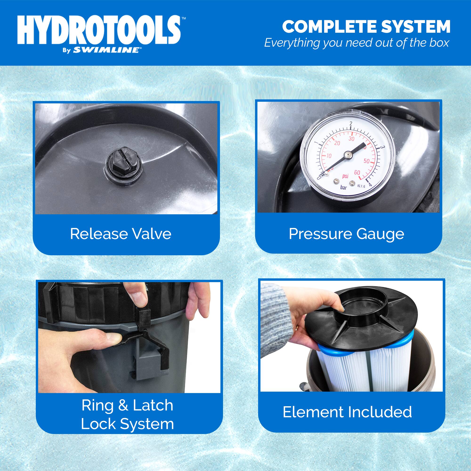 HYDROTOOLS By SWIMLINE COMPLETE SYSTEM  
Everything you need out of the box  

- Release Valve  
- Pressure Gauge  
- Ring & Latch Lock System  
- Element Included