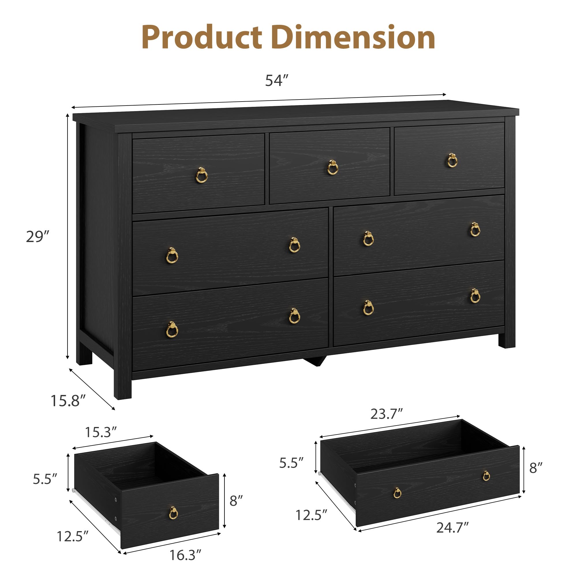 Product Dimension

- Height: 29"
- Width: 54"
- Depth: 15.8"
- Drawer 1 (Top Left): 5.5" x 8" x 16.3"
- Drawer 2 (Top Right): 5" x 8" x 23.7"
- Drawer 3 (Bottom Left): 5.5" x 8" x 12.5"
- Drawer 4 (Bottom Right): 5" x 8" x 24.7"