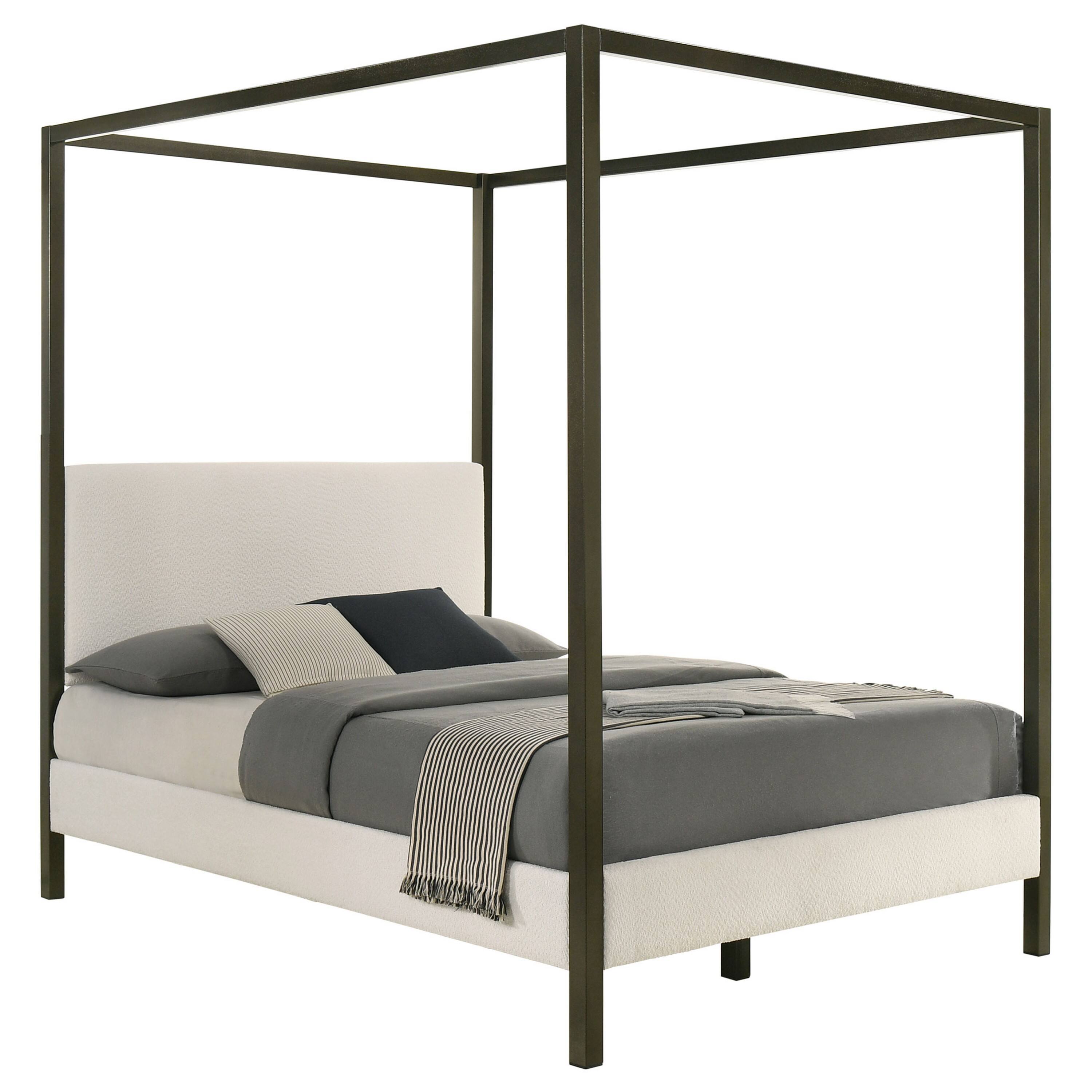 Alt View 1. Manhattan Lane - Rey Queen Size Canopy Bed, Padded Headboard, 4 Post Frame, Ivory Upholstery - Ivory, Bronze.