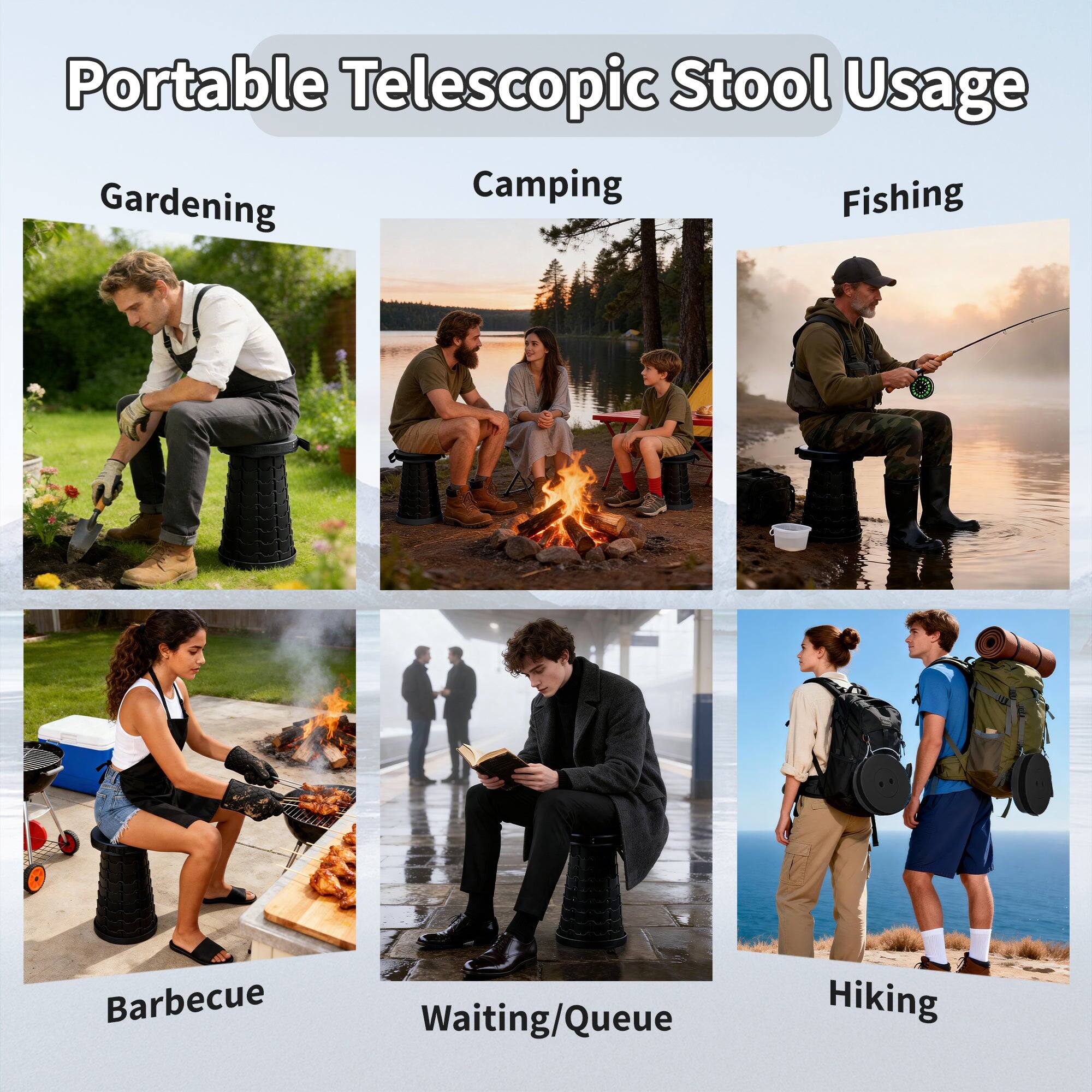 Portable Telescopic Stool Usage

- Gardening
- Camping
- Fishing
- Barbecue
- Waiting/Queue
- Hiking