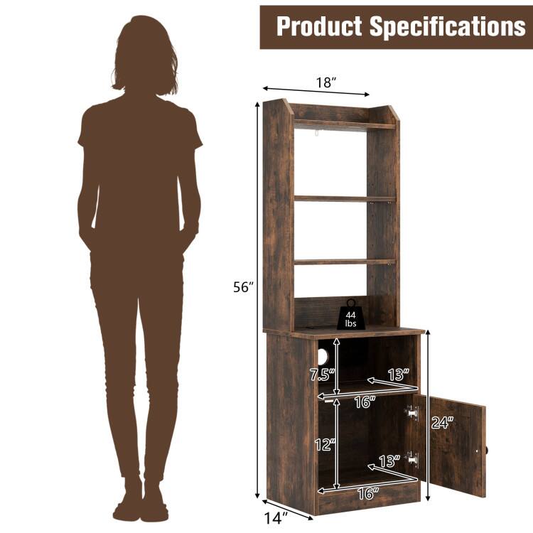 Product Specifications

- Height: 56"
- Width: 18"
- Depth: 14"
- Weight Capacity: 44 lbs

Shelf Dimensions:
- Top Shelf: 16" x 13"
- Middle Shelf: 16" x 13"
- Bottom Shelf: 16" x 13"

Drawer Dimensions:
- Width: 13"
- Height: 7.5"
- Depth: 24"