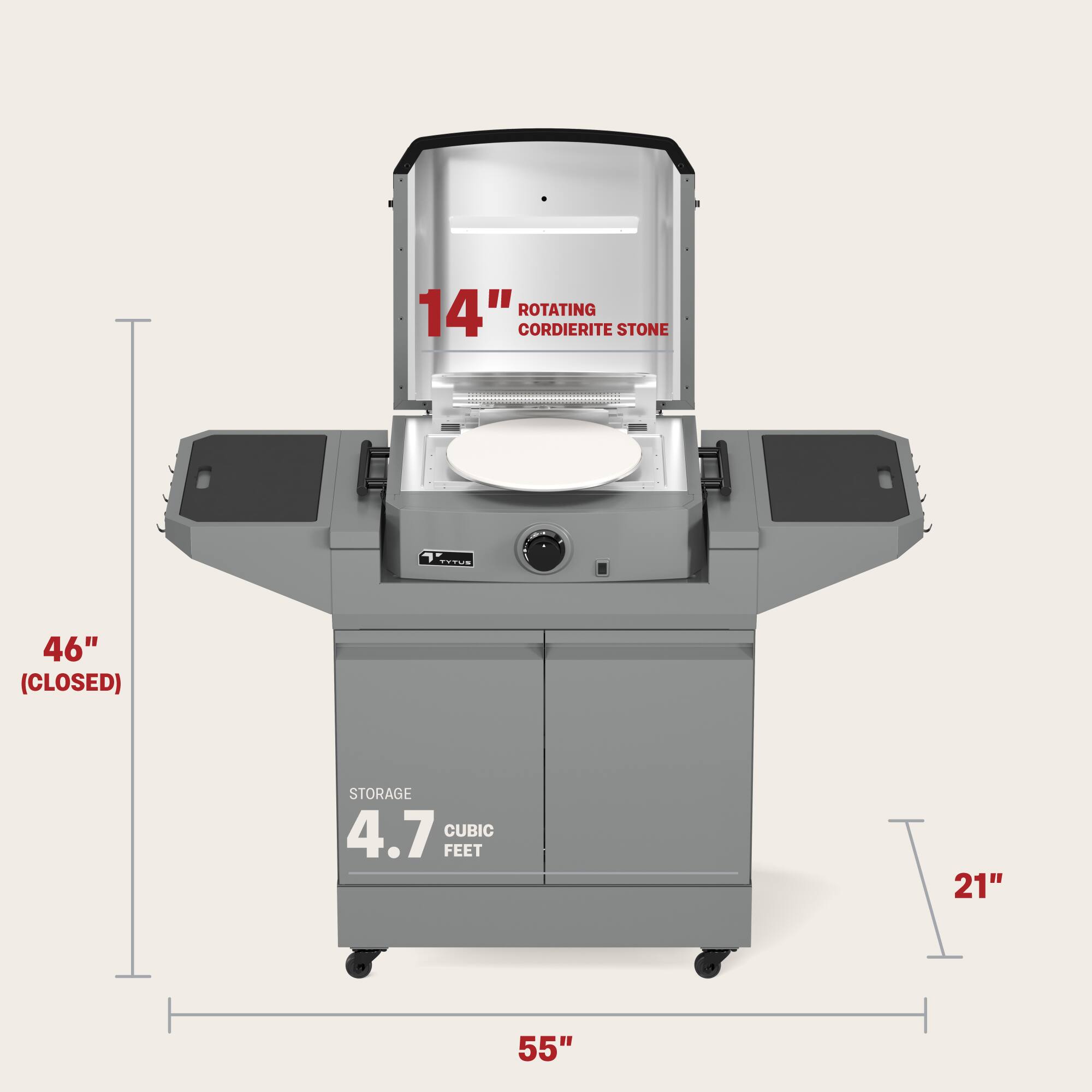 14" Rotating Cordierite Stone  
46" (Closed)  
Storage: 4.7 Cubic Feet  
21"  
55"