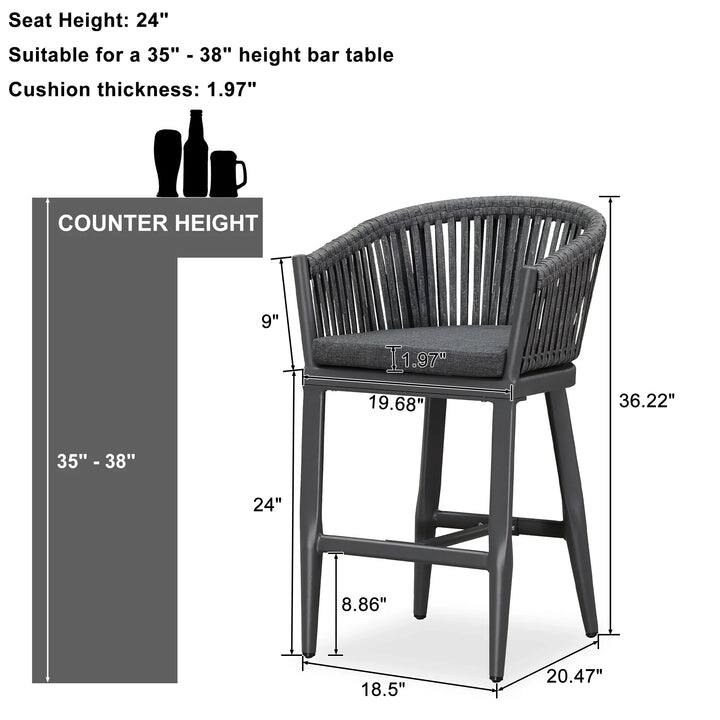 Sure, here is the corrected and grouped text from the image:

---

**Seat Height:** 24"

**Suitable for a 35" - 38" height bar table**

**Cushion thickness:** 1.97"

---

**COUNTER HEIGHT**

- 9"
- 35" - 38"

---

**Dimensions:**

- 19.68"
- 36.22"
- 24"
- 8.86"
- 18.5"
- 20.47"

---