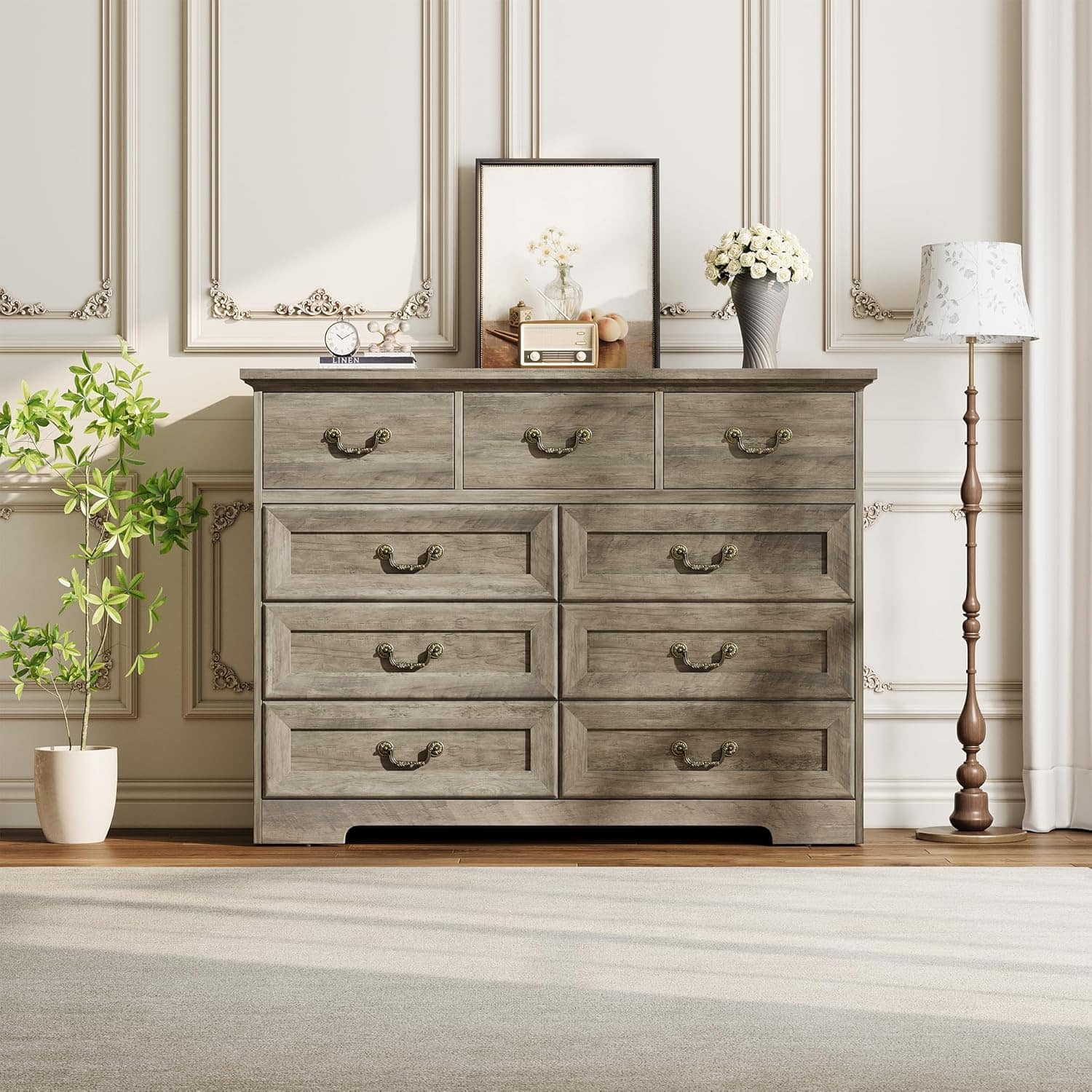 Homhougo - Farmhouse 9-Drawer Dresser, Rustic Vintage Dark Oak Chest with Natural Texture, Spacious Storage Organizer Hallway - Gray