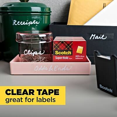 Receipts  
Chips  
Odd & Ends  

Mail  

Scotch  
Super-Hold Tape  
50% More Adhesive  

CLEAR TAPE  
great for labels