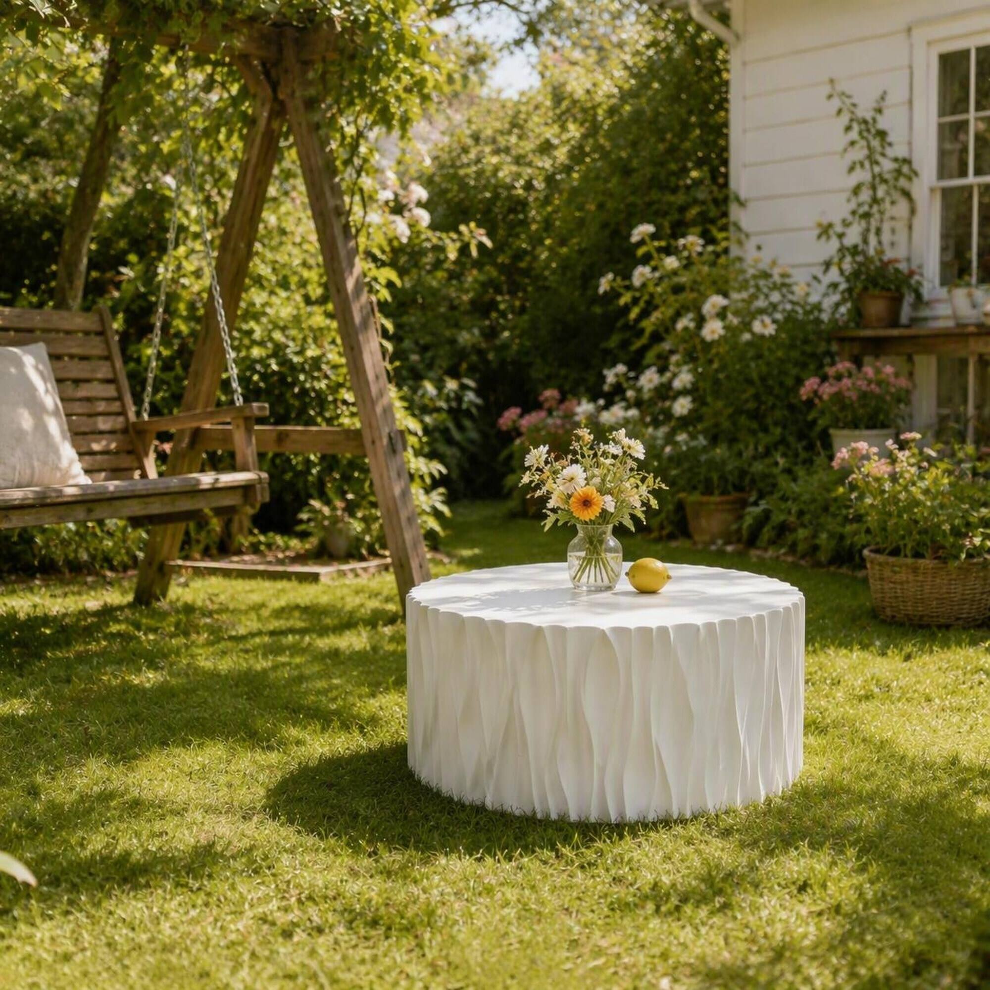Alt View 2. RYHNUYNE - Modern White Round Outdoor Coffee Table 26.77"with Wavy Fluted Sides,Ready to Use for Patio Garden Balcony - White.