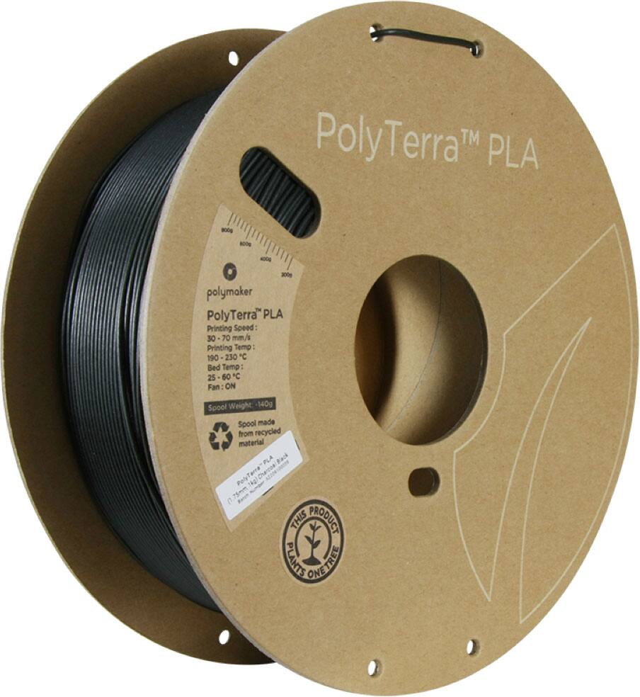 PolyTerra TM PLA 800g - 00 100g - PolyTerra PLA - Printing Speed: 30-70 mm/s - Printing Temp: 190-230 C - Bed Temp: 25-60 C - Fan ON - Spool Weight: 140g - Spool made from recycled material - PLA - Back PolyTerra Charcoal Black (.75mm) - This product plants one tree.