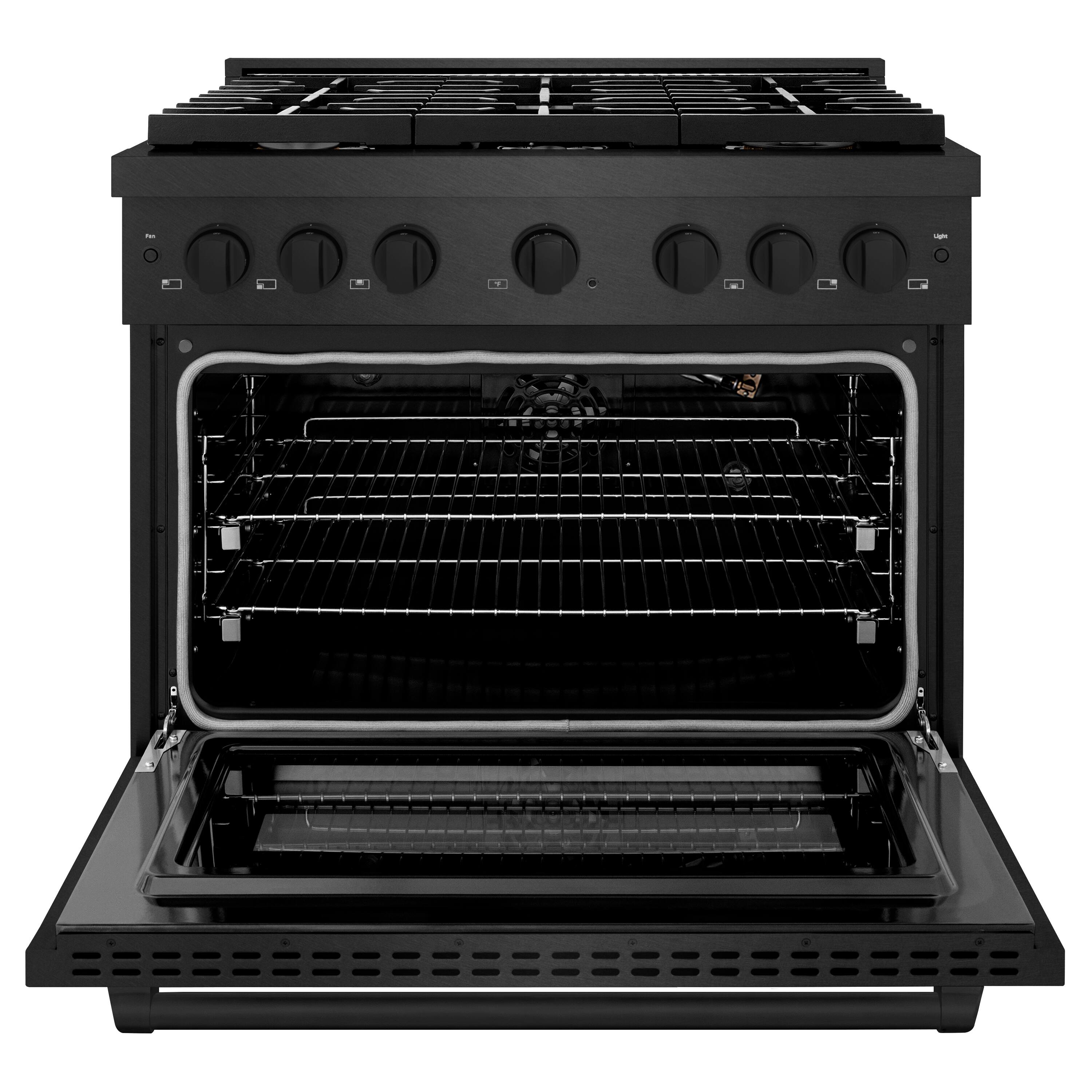 Angle. ZLINE - 36 in. 5.2 cu. ft. Manual Clean Freestanding Gas Range with Convection Oven in Black Satin Steel with 6 Brass Burners - Black Satin Stainless Steel.