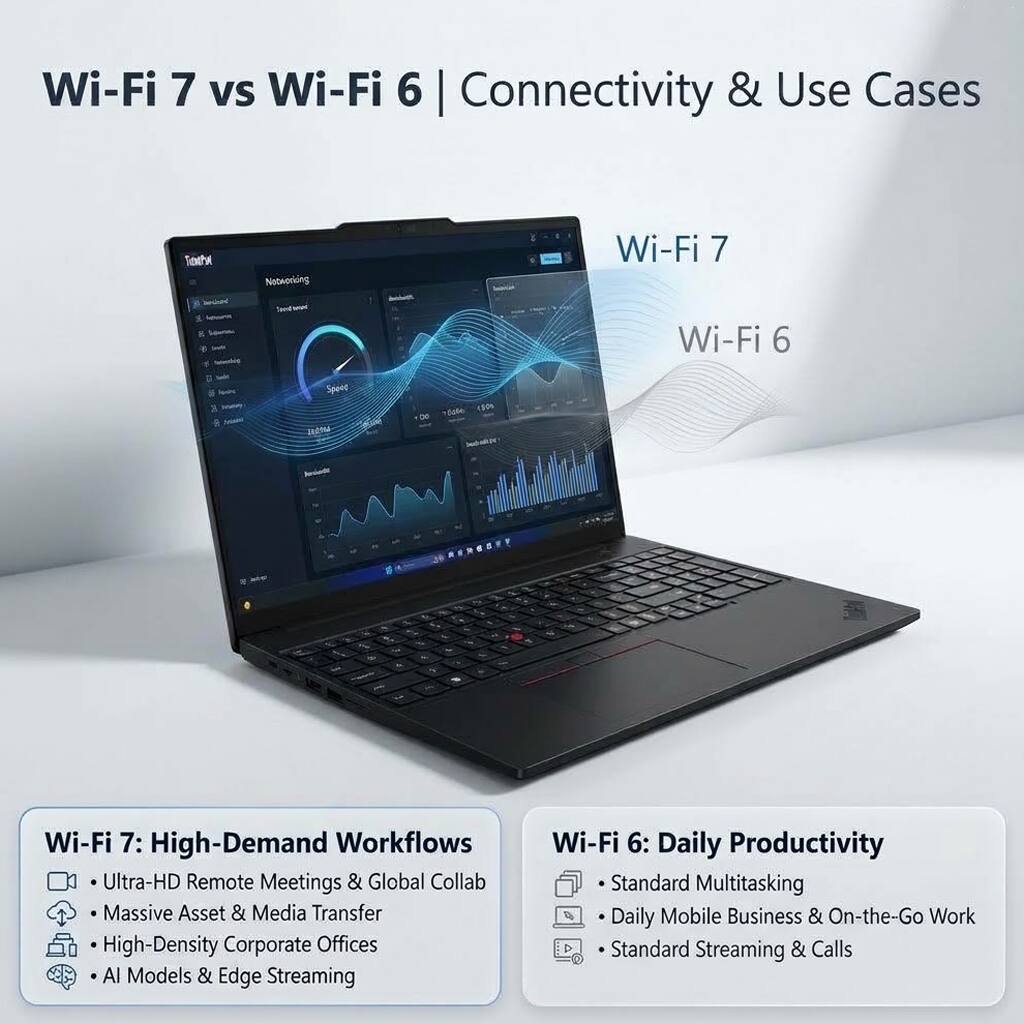 Wi-Fi 7 vs Wi-Fi 6 | Connectivity & Use Cases

Wi-Fi 7
Wi-Fi 6

Wi-Fi 7: High-Demand Workflows
- Ultra-HD Remote Meetings & Global Collaboration
- Massive Asset & Media Transfer
- High-Density Corporate Offices
- AI Models & Edge Streaming

Wi-Fi 6: Daily Productivity
- Standard Multitasking
- Daily Mobile Business & On-the-Go Work
- Standard Streaming & Calls