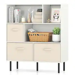 Costway - 6-Cube Bookshelf with 3 Removable Folding Fabric Drawers Metal Legs for Living Room - White
