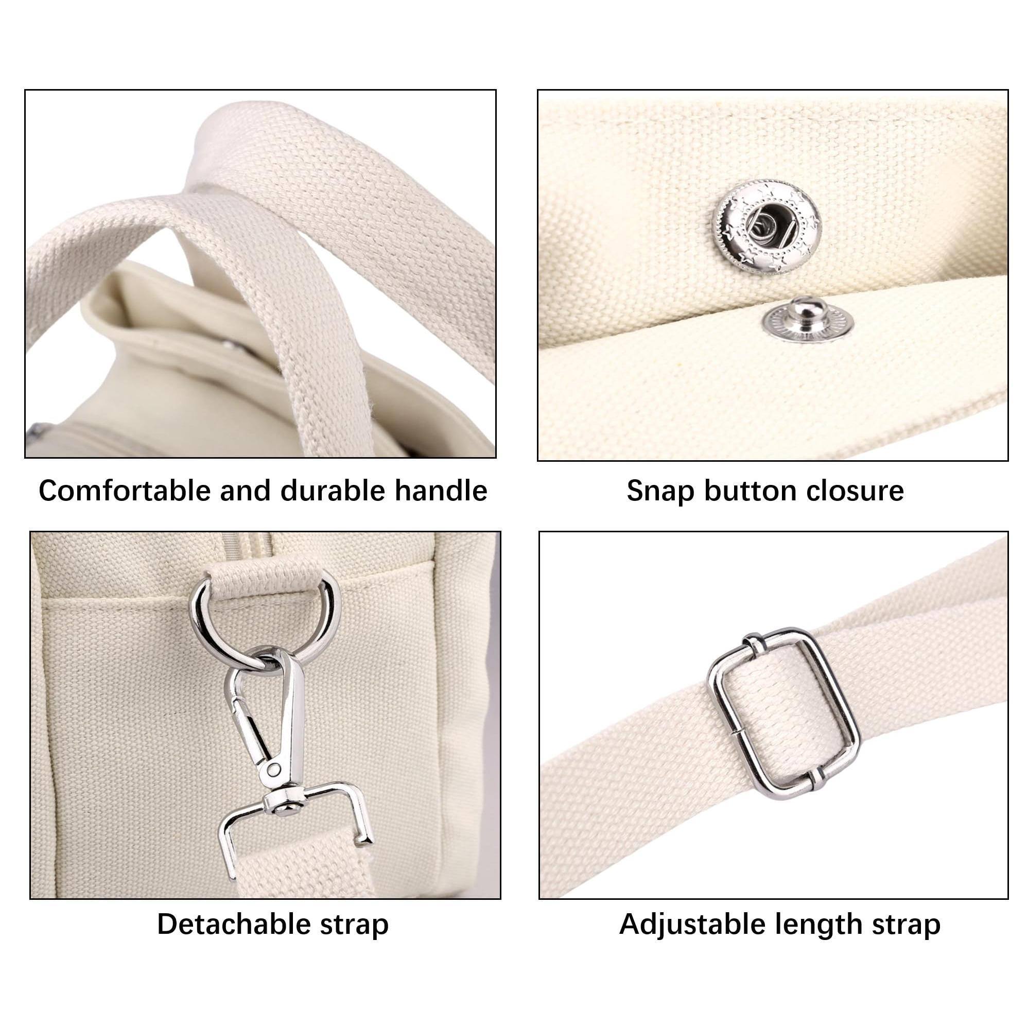 Comfortable and durable handle  
Snap button closure  
Detachable strap  
Adjustable length strap
