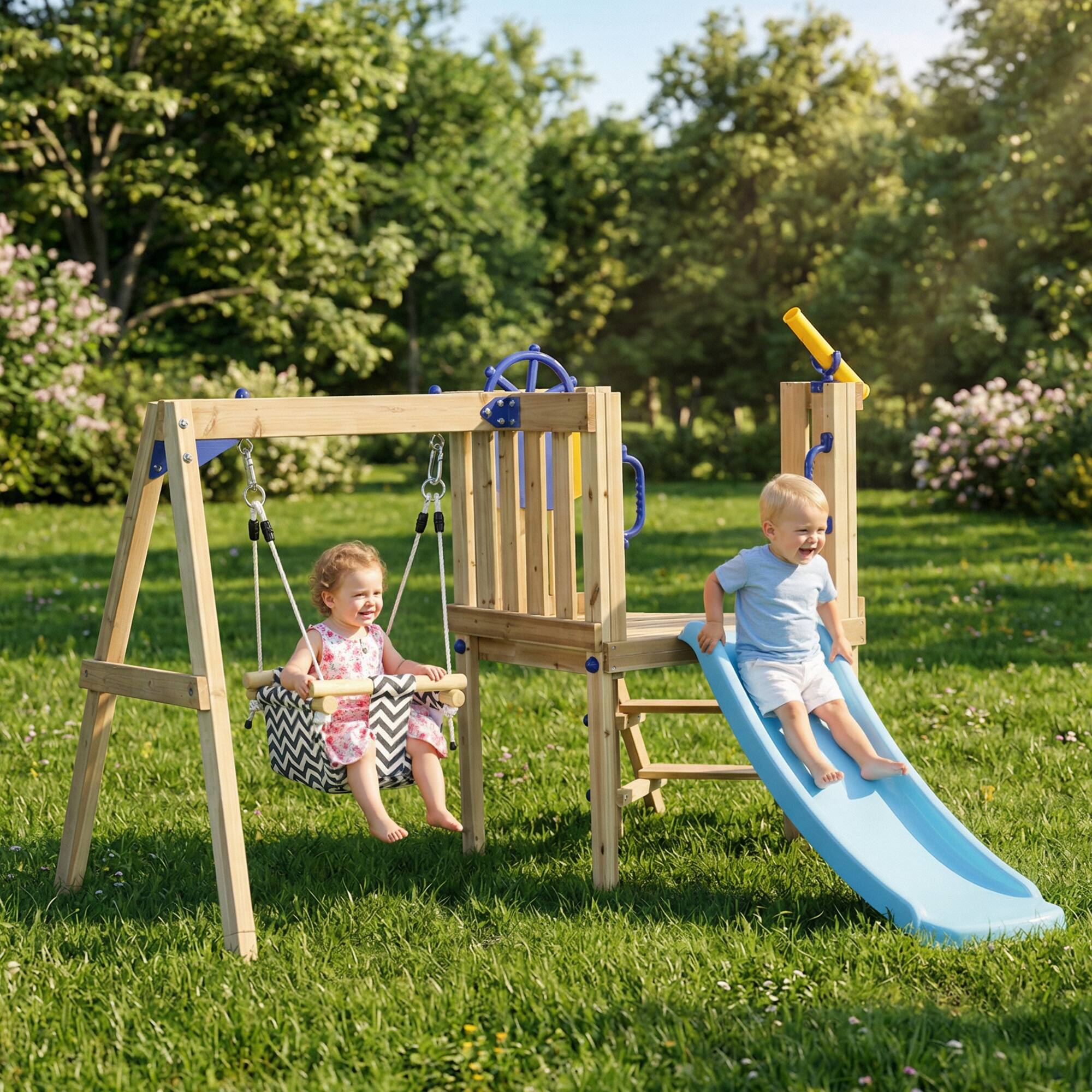 Alt View 1. Outsunny - Set for Backyard, Wooden Toddler Outdoor Playset with Baby Swing Seat, Kids Slide.