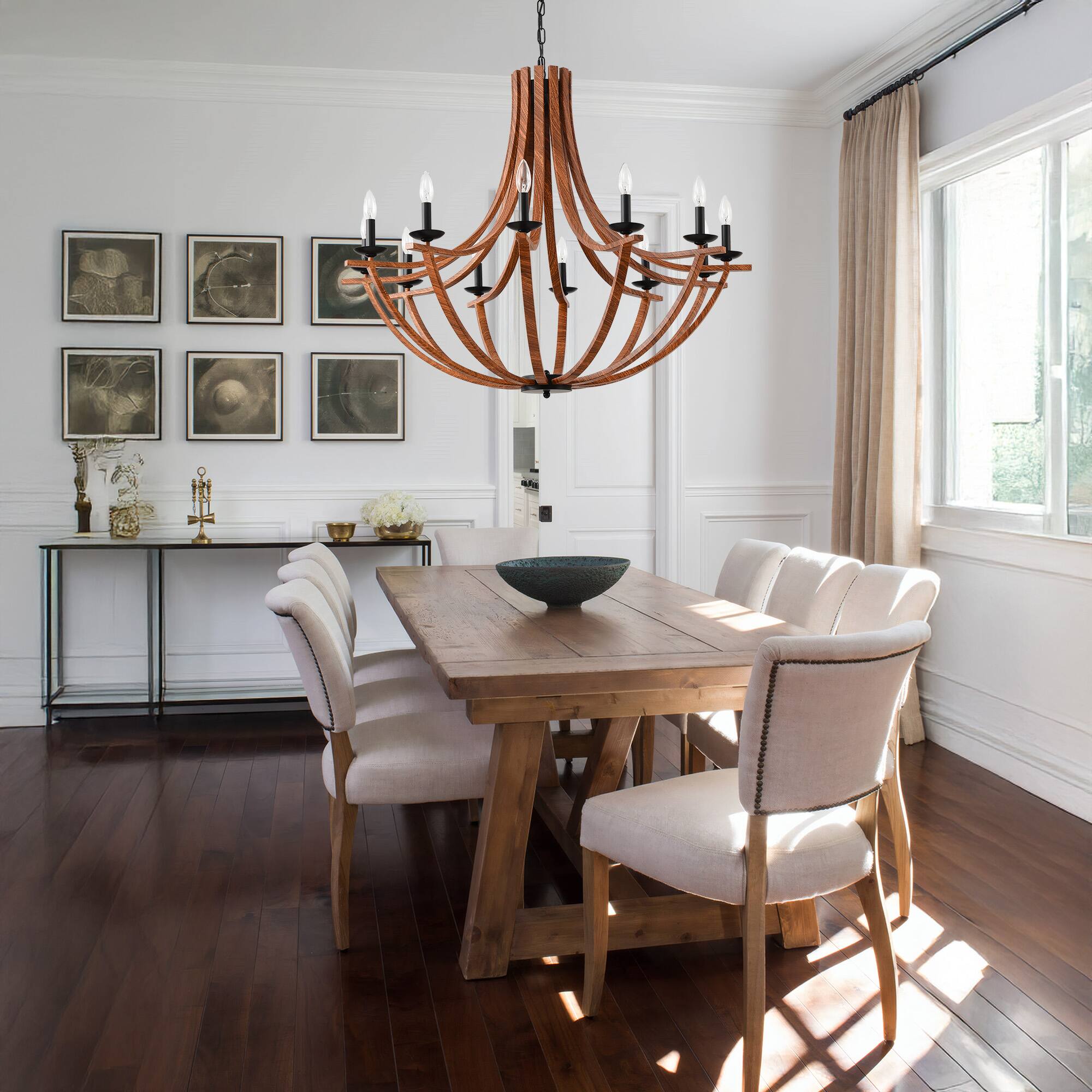 Alt View 3. RYHNUYNE - 40"Farmhouse Chandelier,12-Light Dining Room Light Fixture,Rustic Chandelier Wooden Light Fixtures for Living Room - Brown.