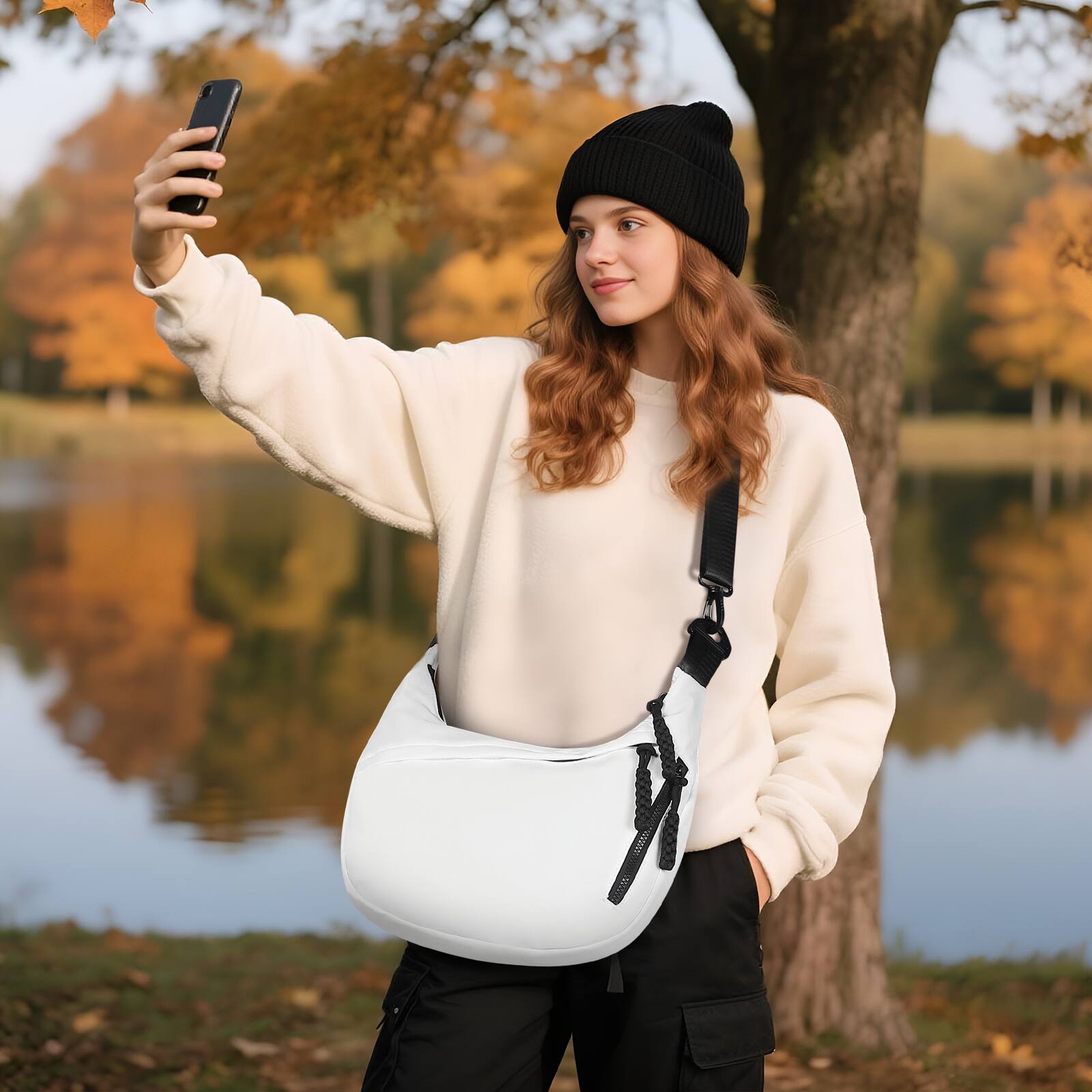 Alt View 5. Unique Bargains - Arch Crossbody Bags for Women Moon Dumpling Sling Bag Lightweight Nylon Purse for Travel - White.