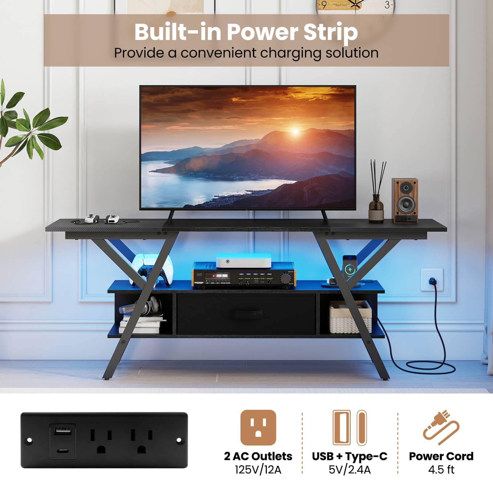 Built-in Power Strip  
Provide a convenient charging solution

2 AC Outlets 125V/12A  
USB + Type-C Power Cord 5V/2.4A 4.5 ft