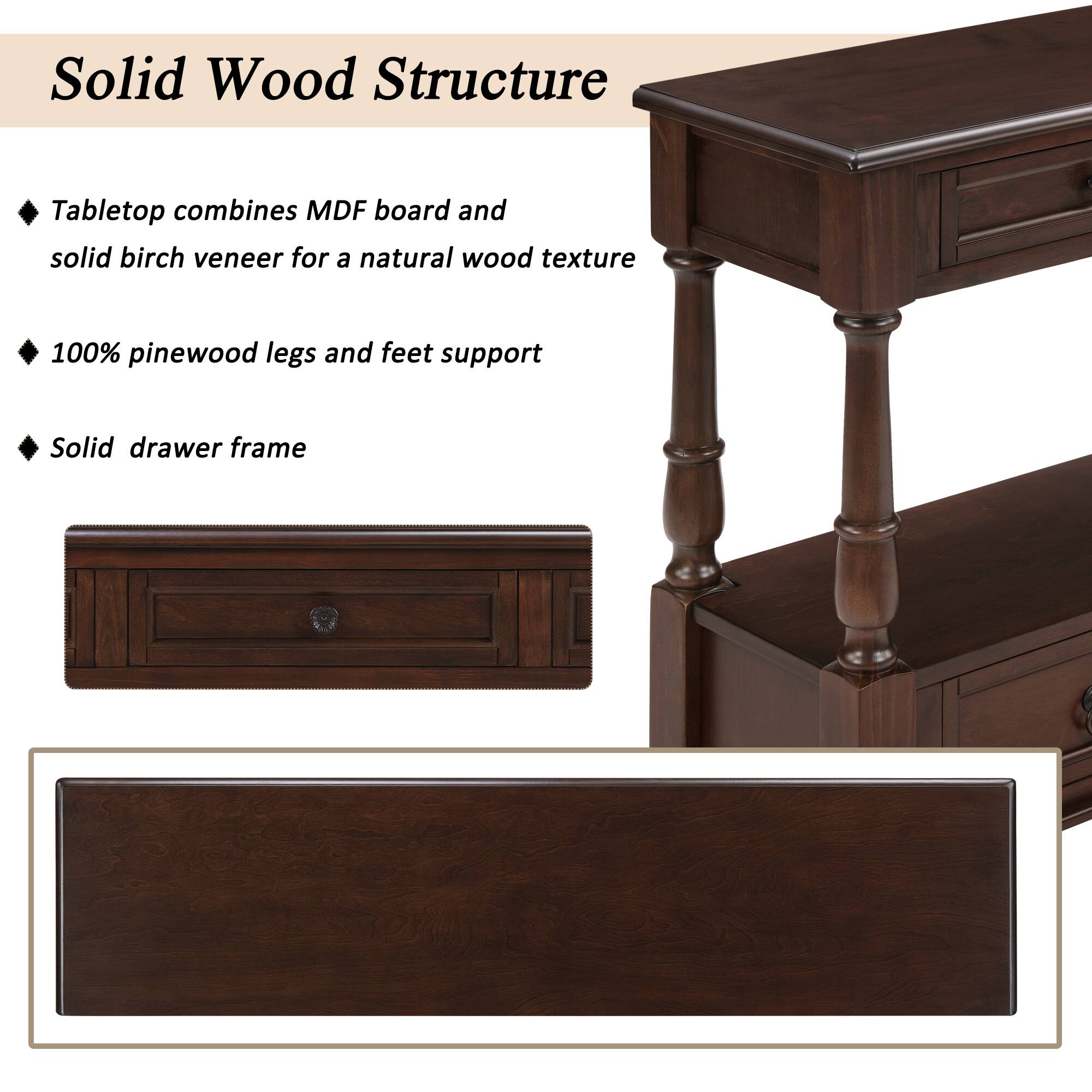 Solid Wood Structure

- Tabletop combines MDF board and solid birch veneer for a natural wood texture
- 100% pinewood legs and feet support
- Solid drawer frame