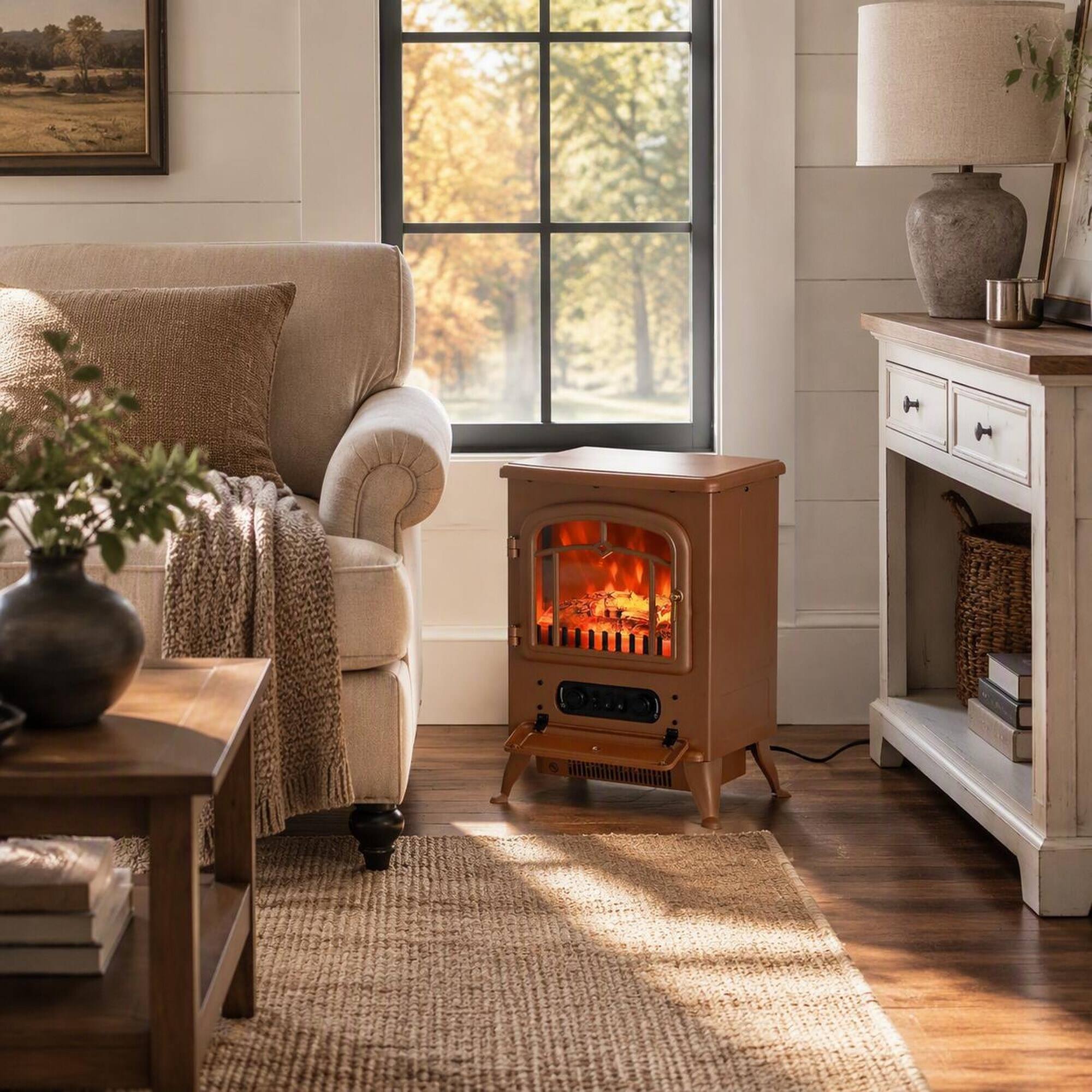 Angle. RYHNUYNE - 22-Inch Freestanding Electric Fireplace Stove with Realistic LED Flame Effect and Adjustable 750W/1500W Heater - Brown.