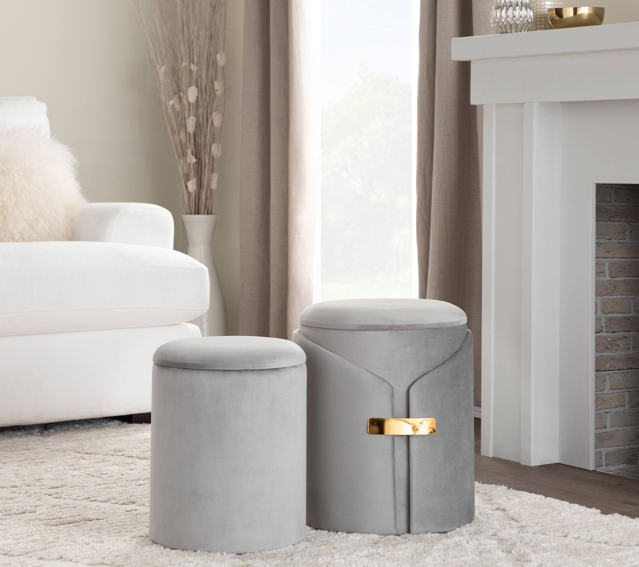 Alt View 2. Tiramisubest - Dahlia Contemporary/Glam Nesting Ottoman Set in Silver Velvet with Gold Metal Accent Pieces by LumiSource - Gray.