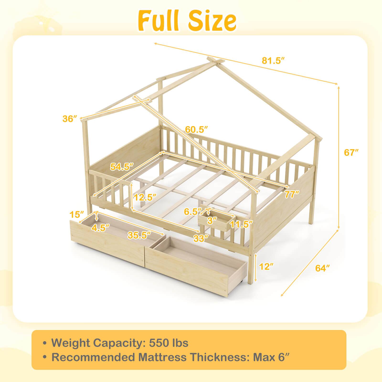 Full Size  
81.5"  
36"  
60.5"  
54.5"  
67"  
15"  
4.5"  
12.5"  
35.5"  
6.5"  
3"  
33"  
11.5"  
77"  
12"  
64"  

Weight Capacity: 550 lbs  
Recommended Mattress Thickness: Max 6"