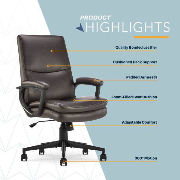 PRODUCT HIGHLIGHTS

- Quality Bonded Leather
- Cushioned Back Support
- Padded Armrests
- Foam-Filled Seat Cushion
- Adjustable Comfort
- 360° Motion